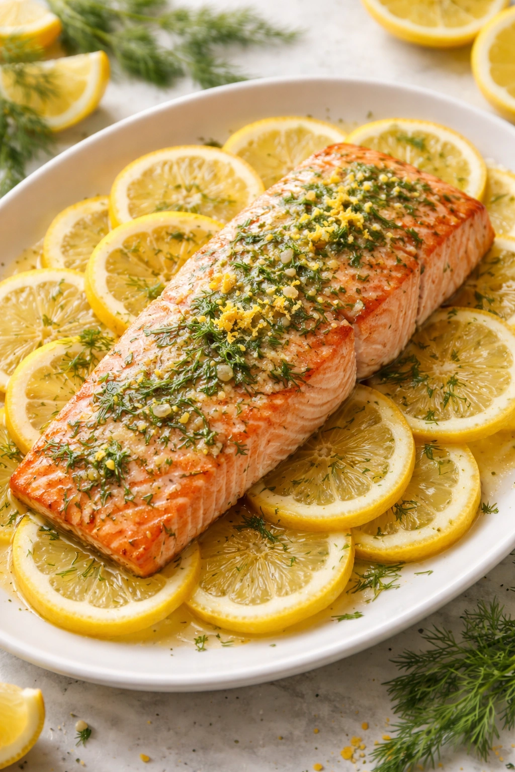 Lemon-dill salmon on bed of sliced lemons