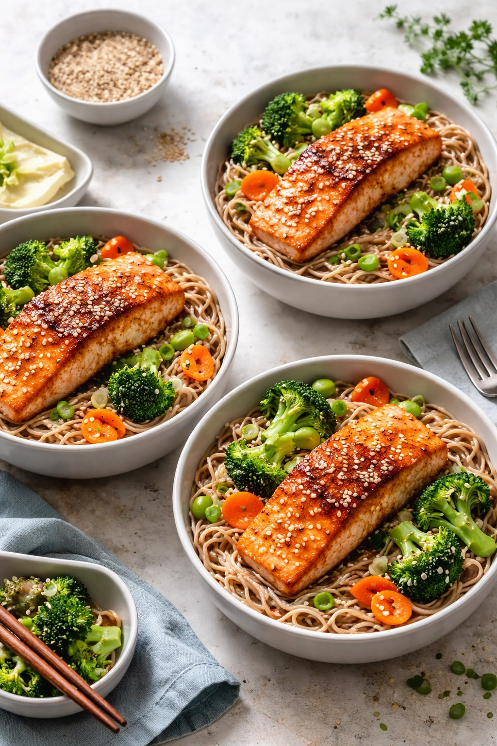 Sesame salmon noodle bowls with ponzu featuring salmon, noodles, veggies and sesame seeds