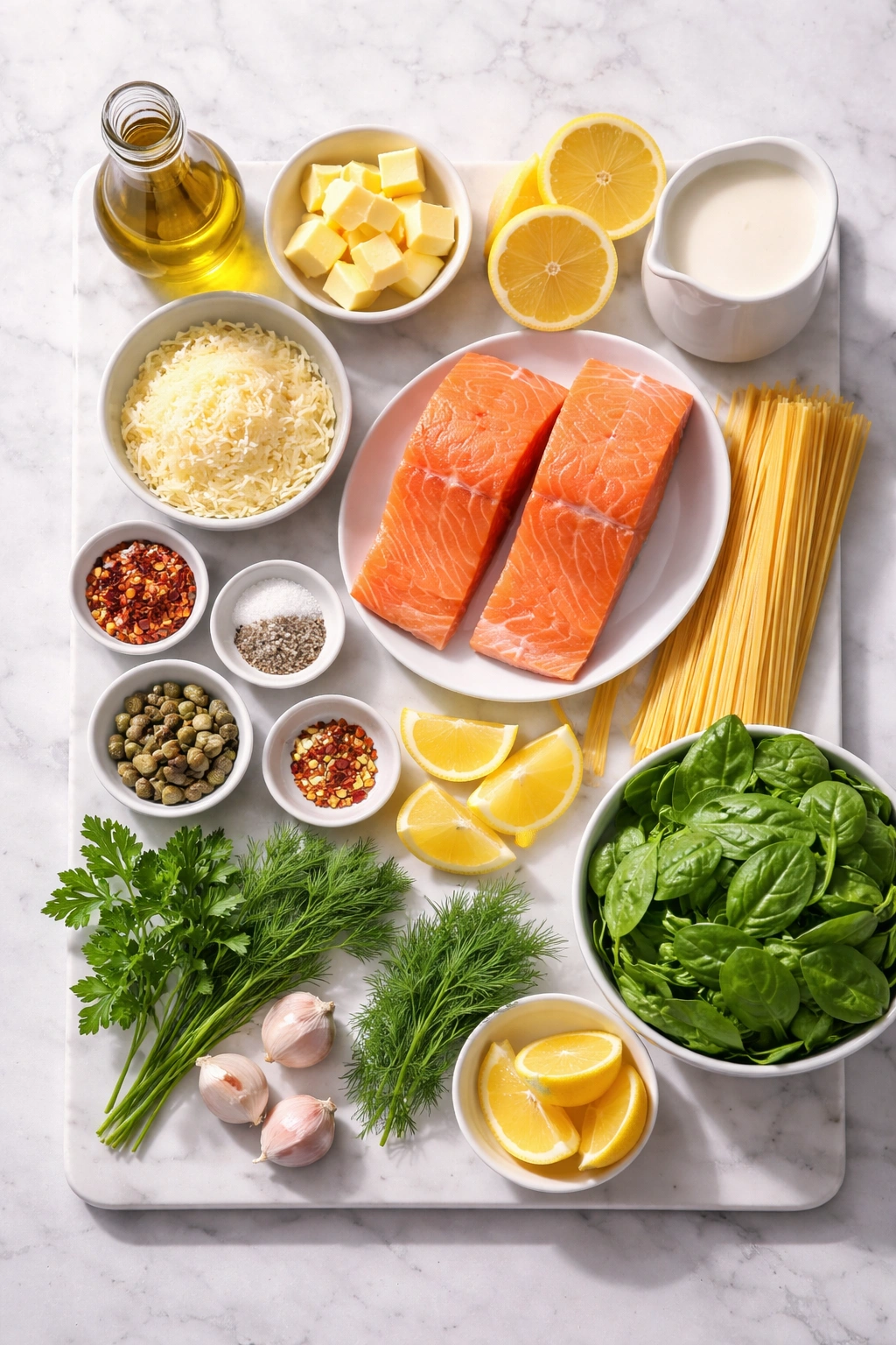 Top-down view of complete salmon pasta ingredients on marble board