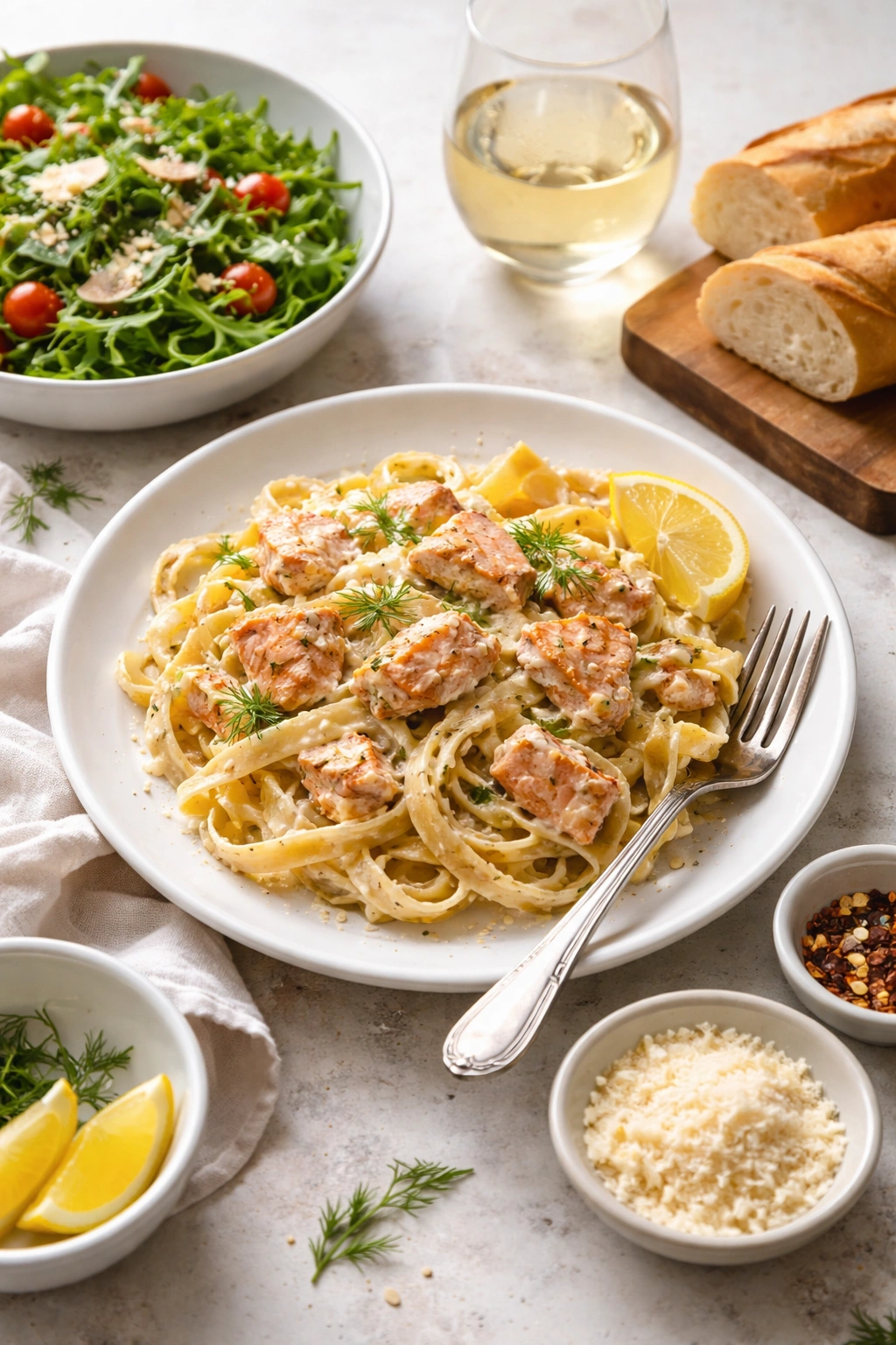 Plate of creamy salmon pasta with dill and lemon wedge