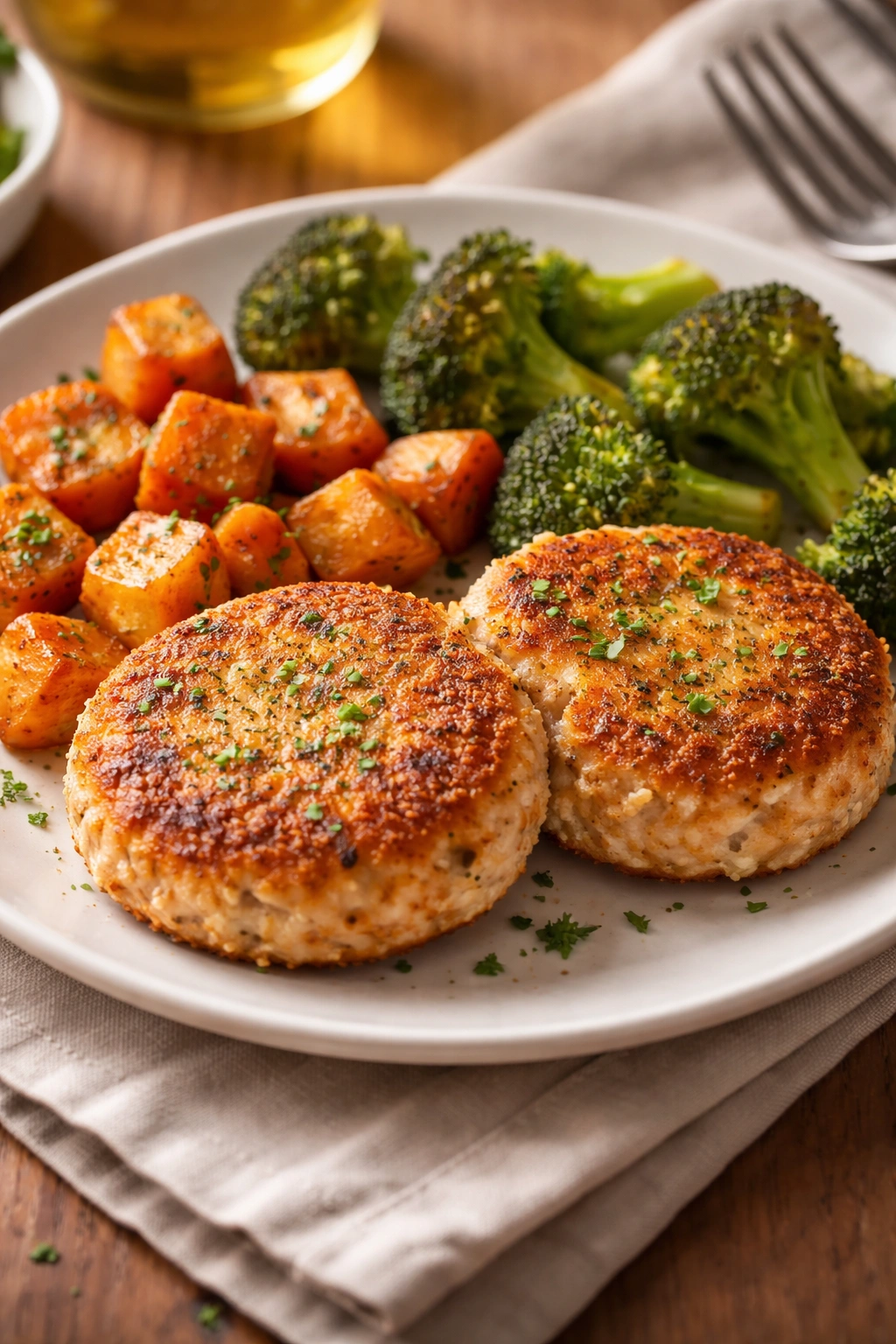 Salmon patties with roasted vegetables on plate
