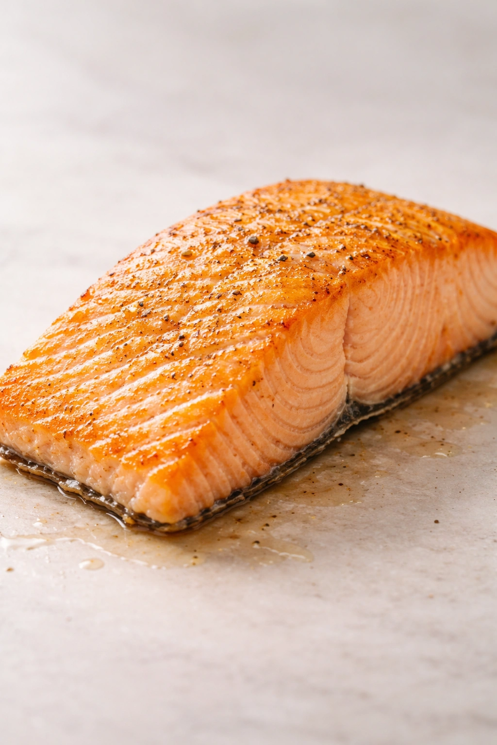 Juicy perfectly cooked salmon fillet on clean surface