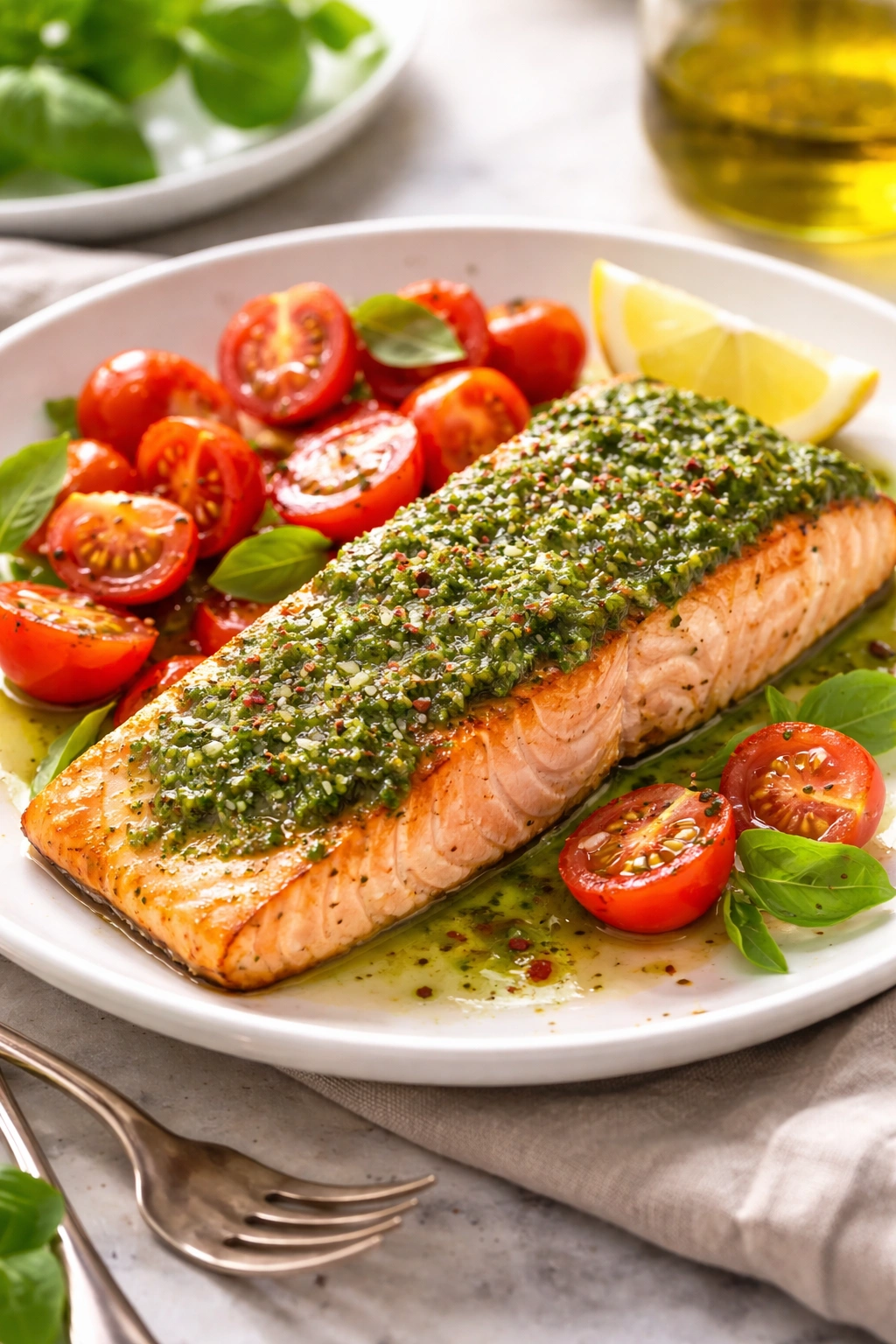 Salmon with pesto and cherry tomatoes on plate