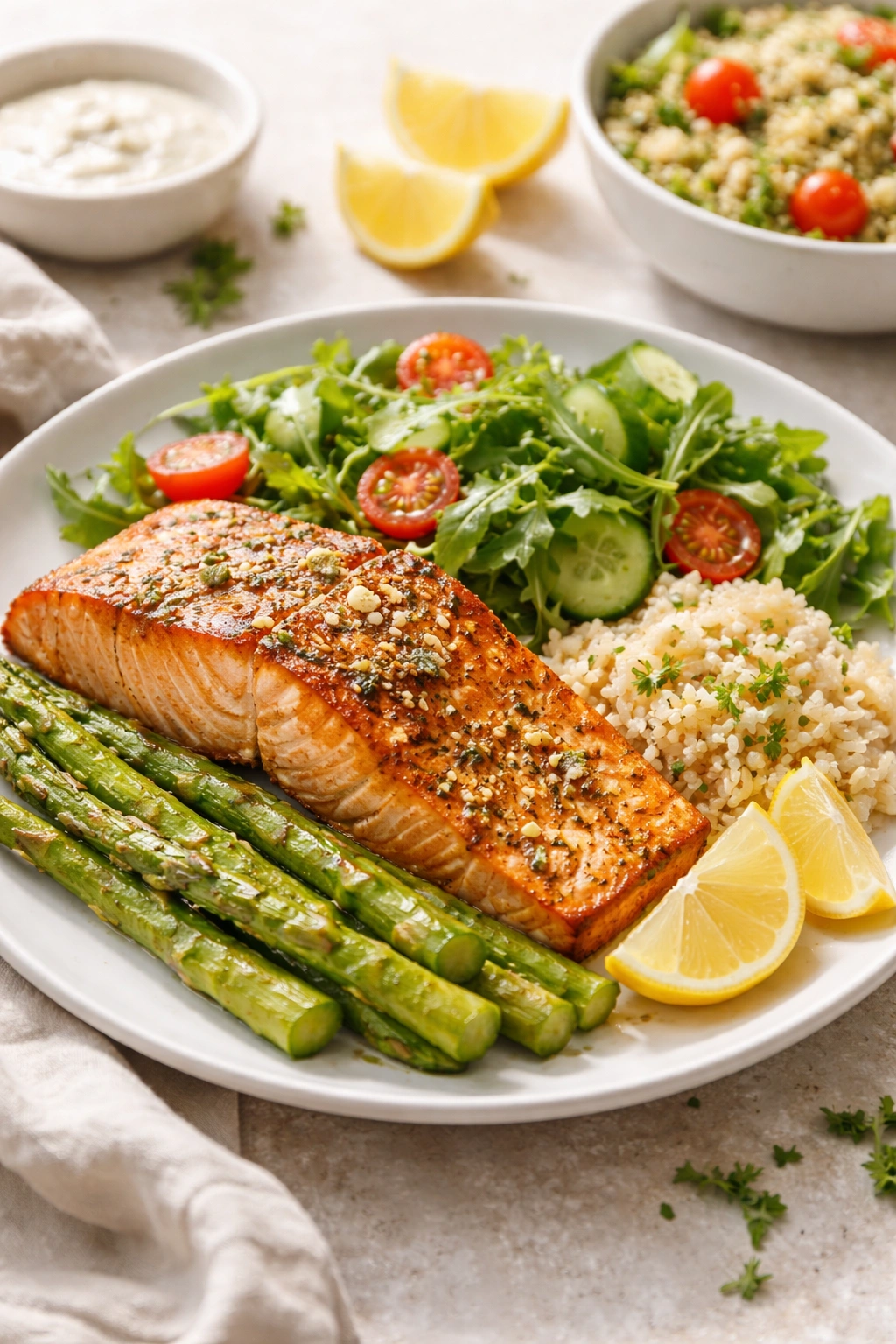Plate of salmon with asparagus as a complete meal