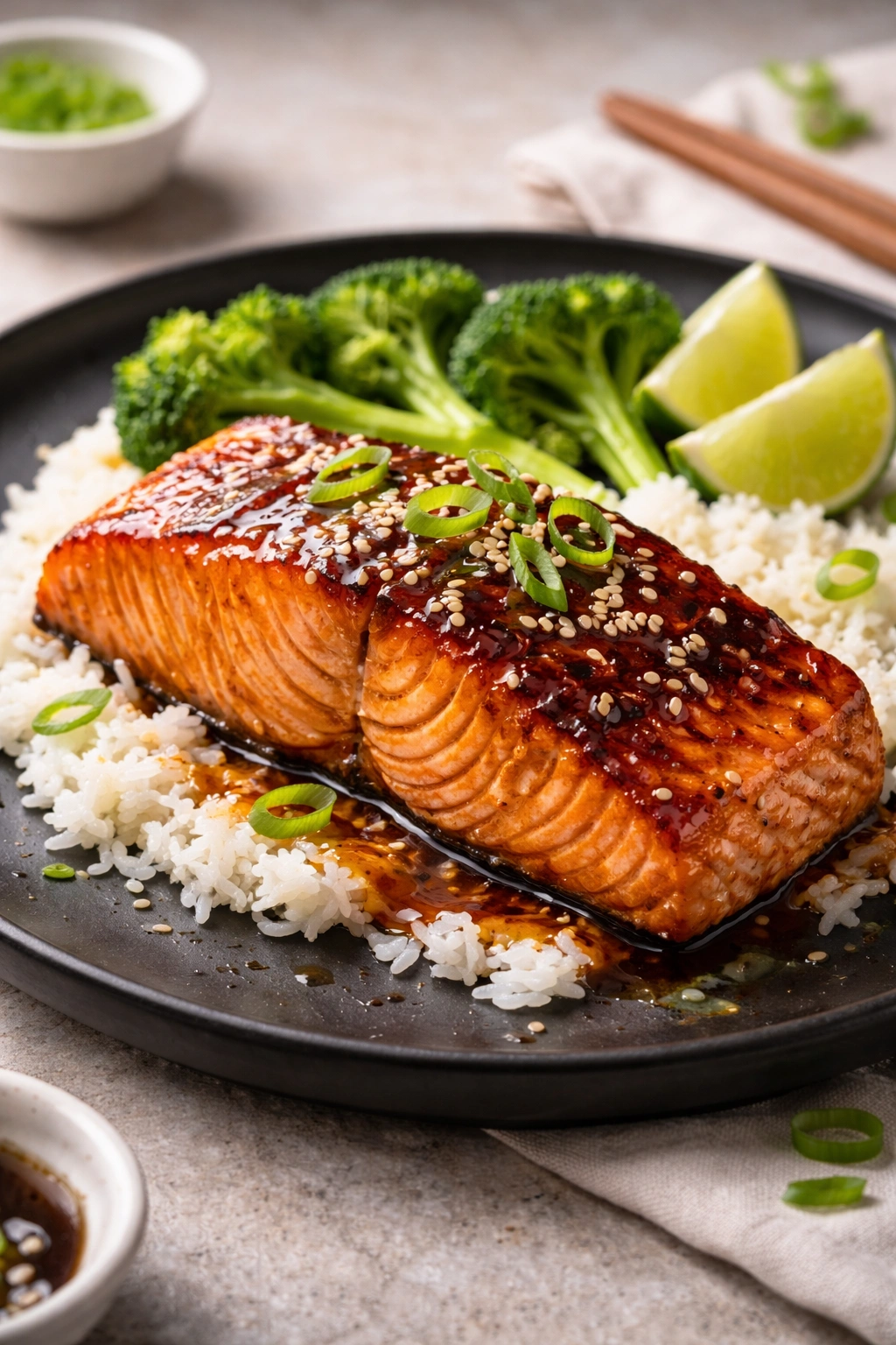 Plated glazed salmon on dark plate with garnish showing restaurant-quality