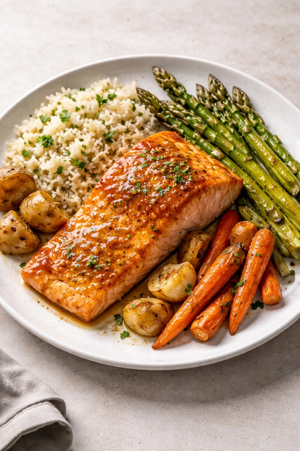 Plated honey mustard glazed salmon fillet on a white plate with neutral background