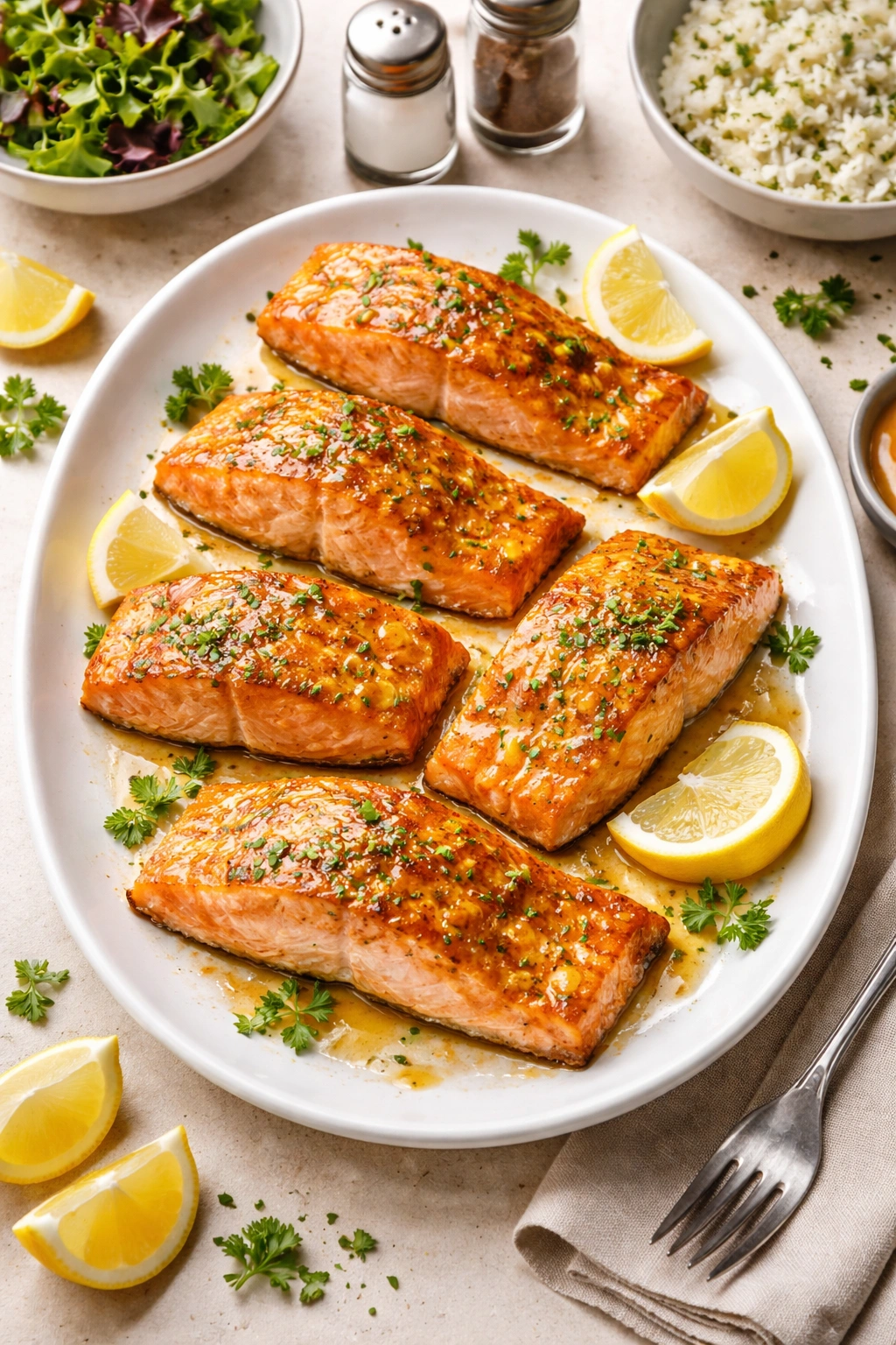 Four to six salmon portions arranged on platter ready to serve