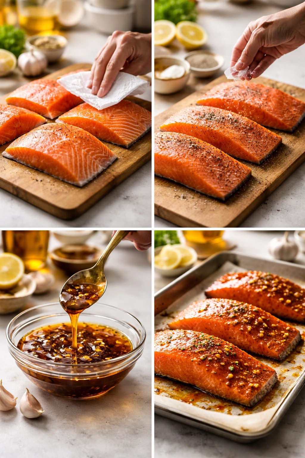 Montage of salmon being prepared: drying, seasoning, glazing, and ready to bake on parchment