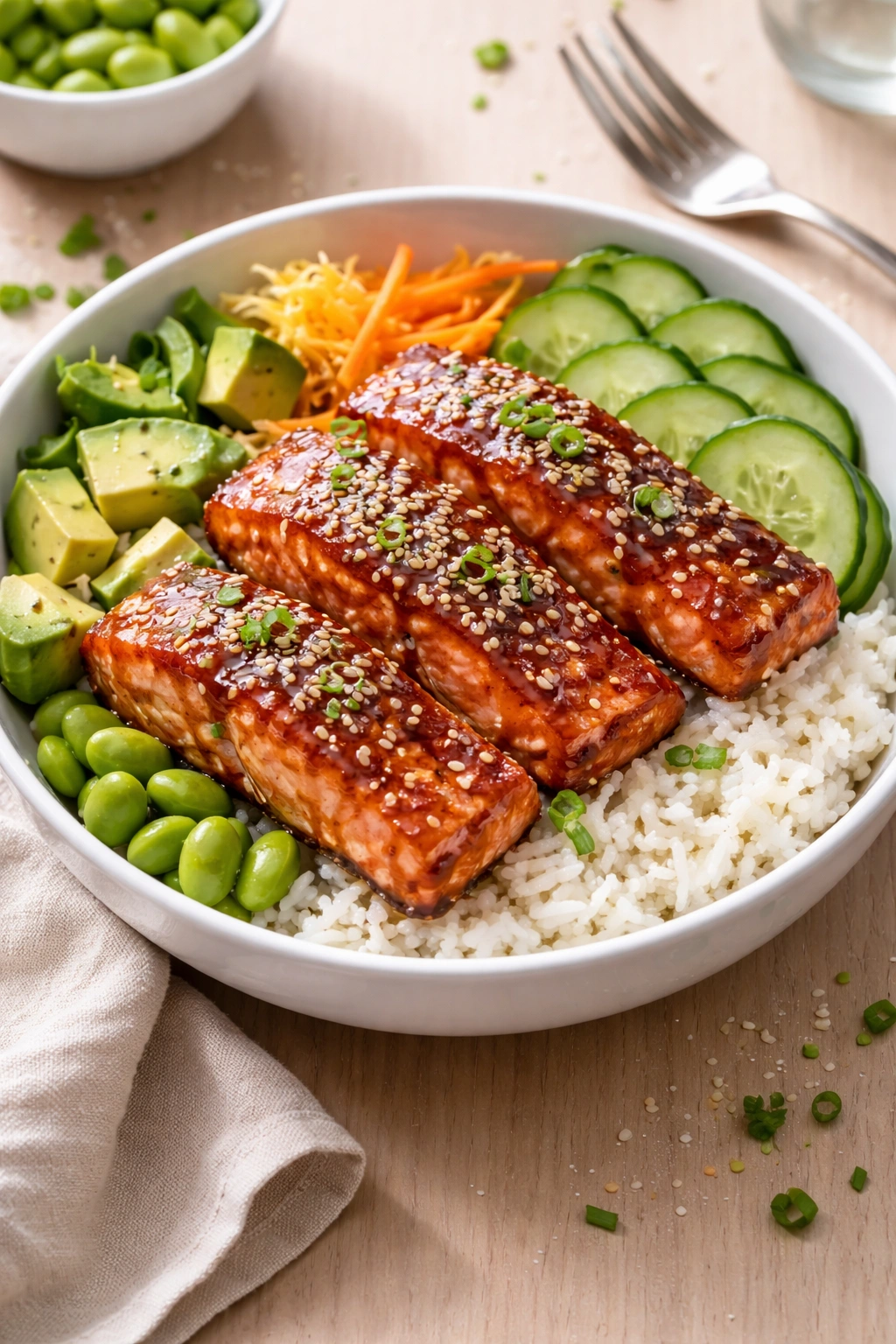 Salmon over rice with sesame, cucumber, and avocado in a bowl
