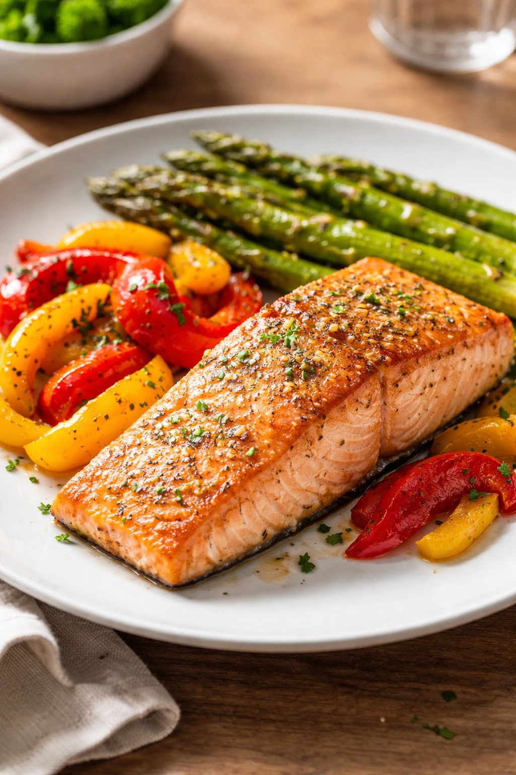 Moist broiled salmon fillet with roasted vegetables on a plate