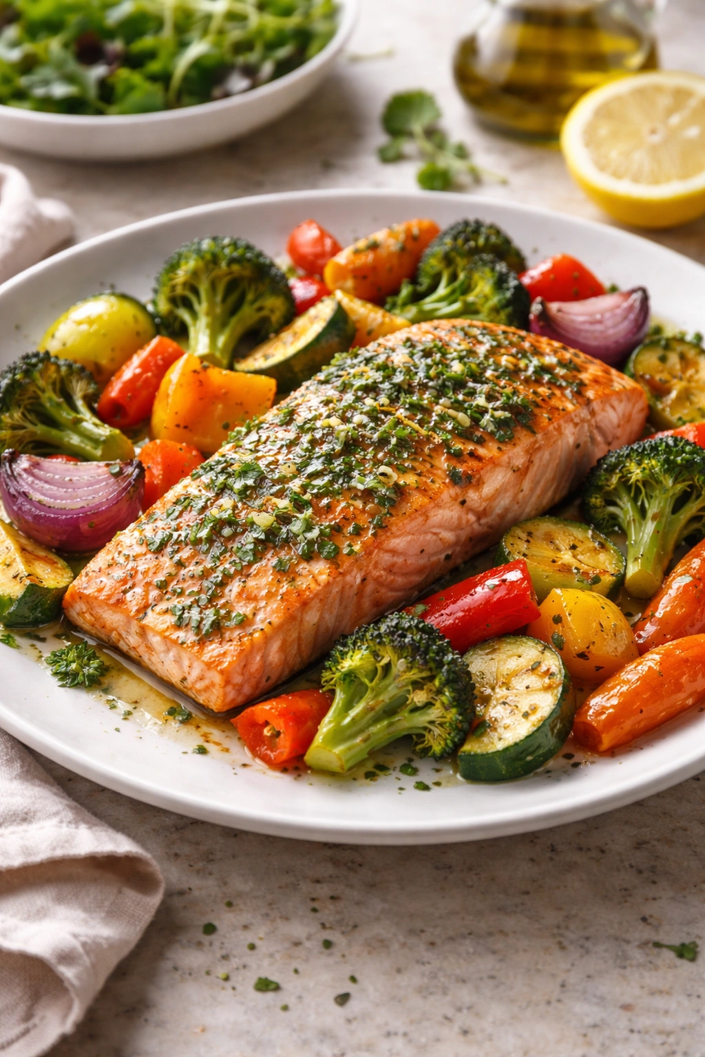 Herb-roasted salmon with roasted vegetables plated, photorealistic and appetizing