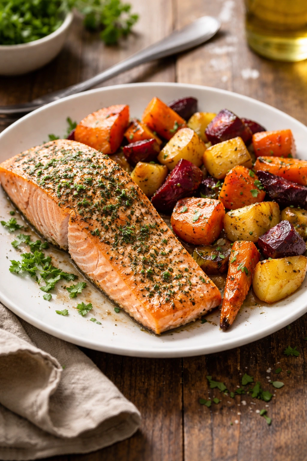 Close-up of herb-roasted salmon with roasted root vegetables on a plate