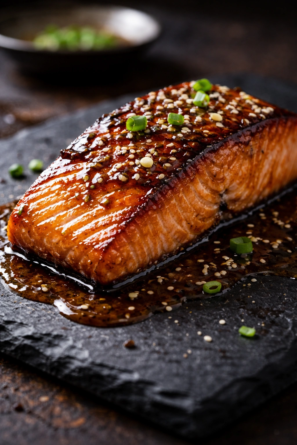 Close-up of a glossy, seared salmon fillet with caramelized crust.