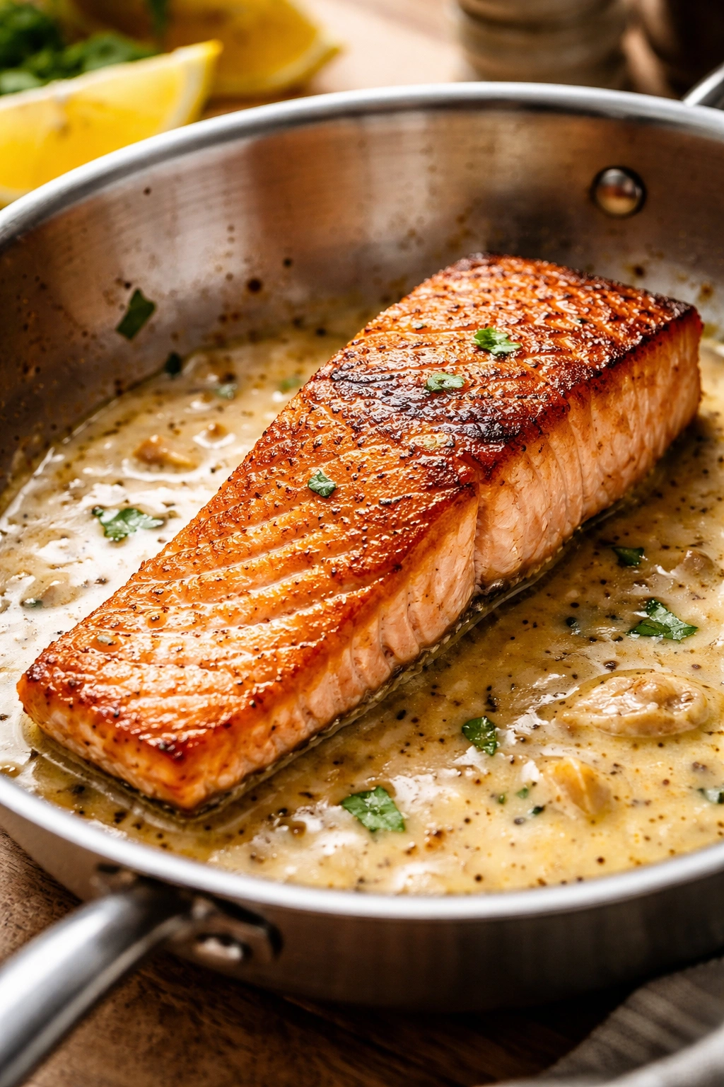 Close-up of perfectly seared salmon fillet in pan with lemon wedge nearby
