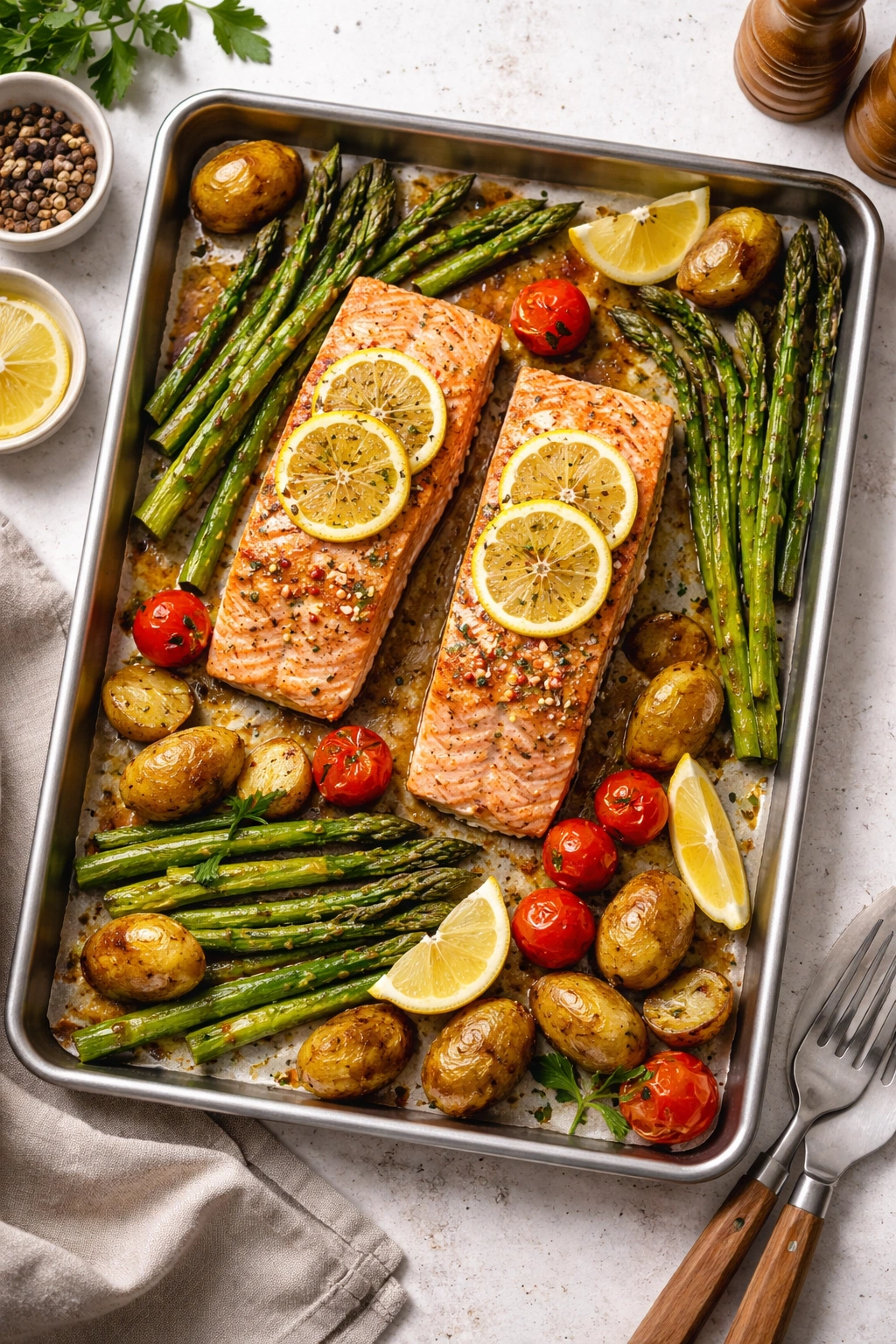 Salmon sheet pan dinner for two with asparagus and lemon, overhead view
