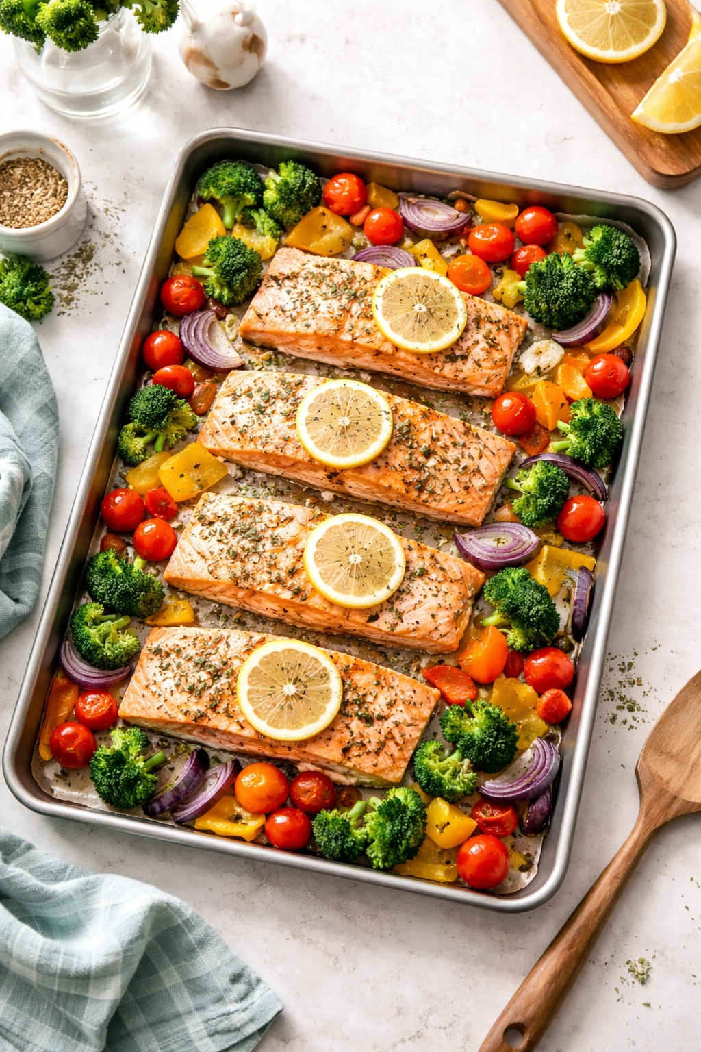 Sheet pan salmon with vegetables on a clean kitchen counter ready to roast
