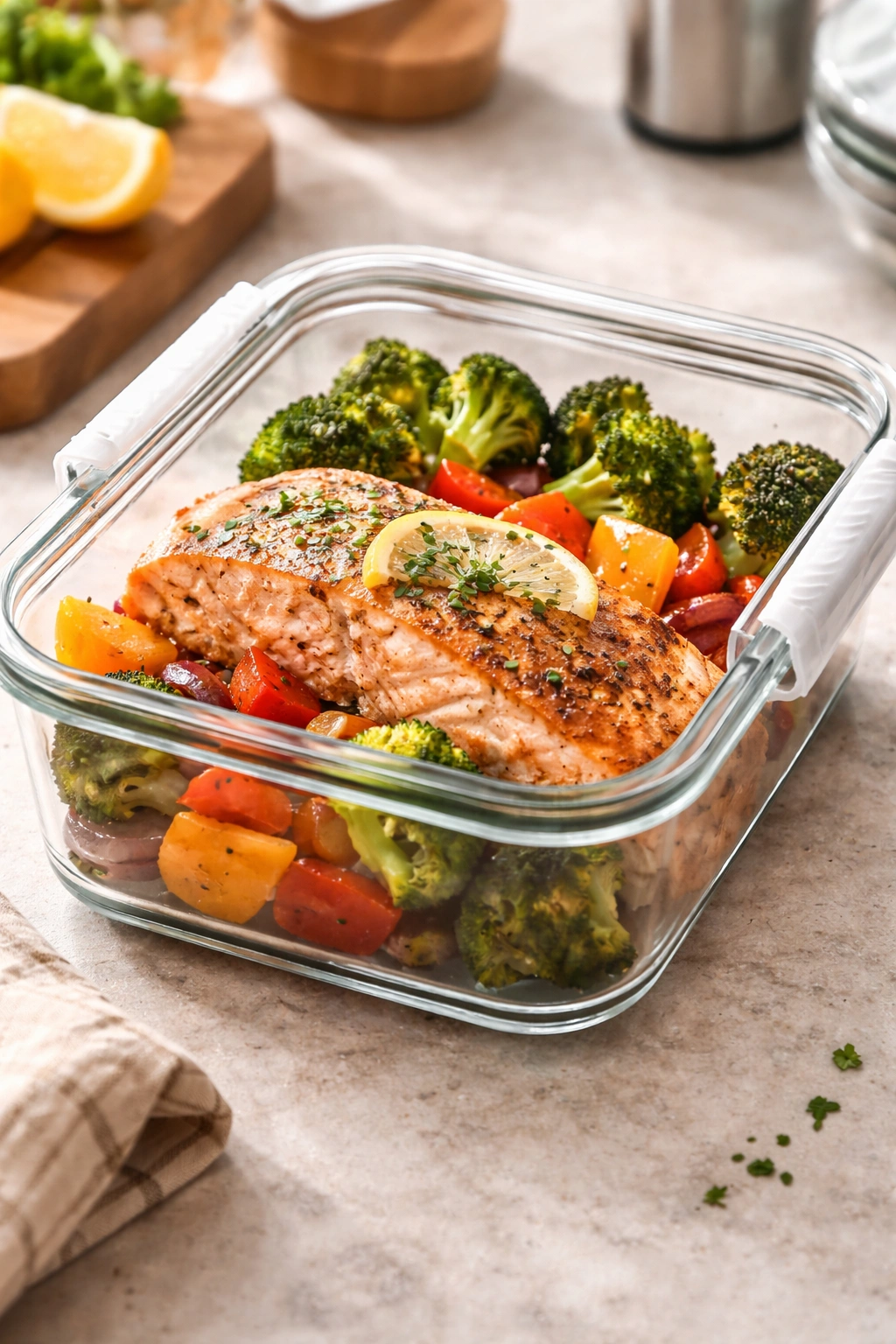 Leftover sheet pan salmon and vegetables in an airtight container.