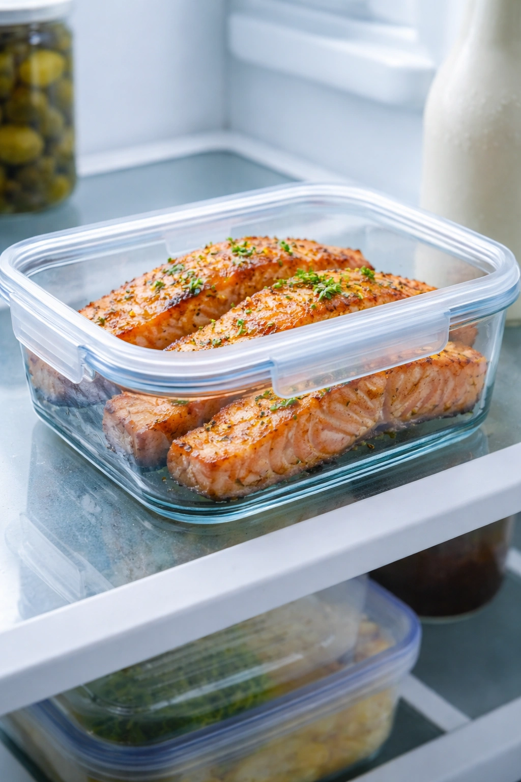 Salmon stored in airtight container in refrigerator for make-ahead meals