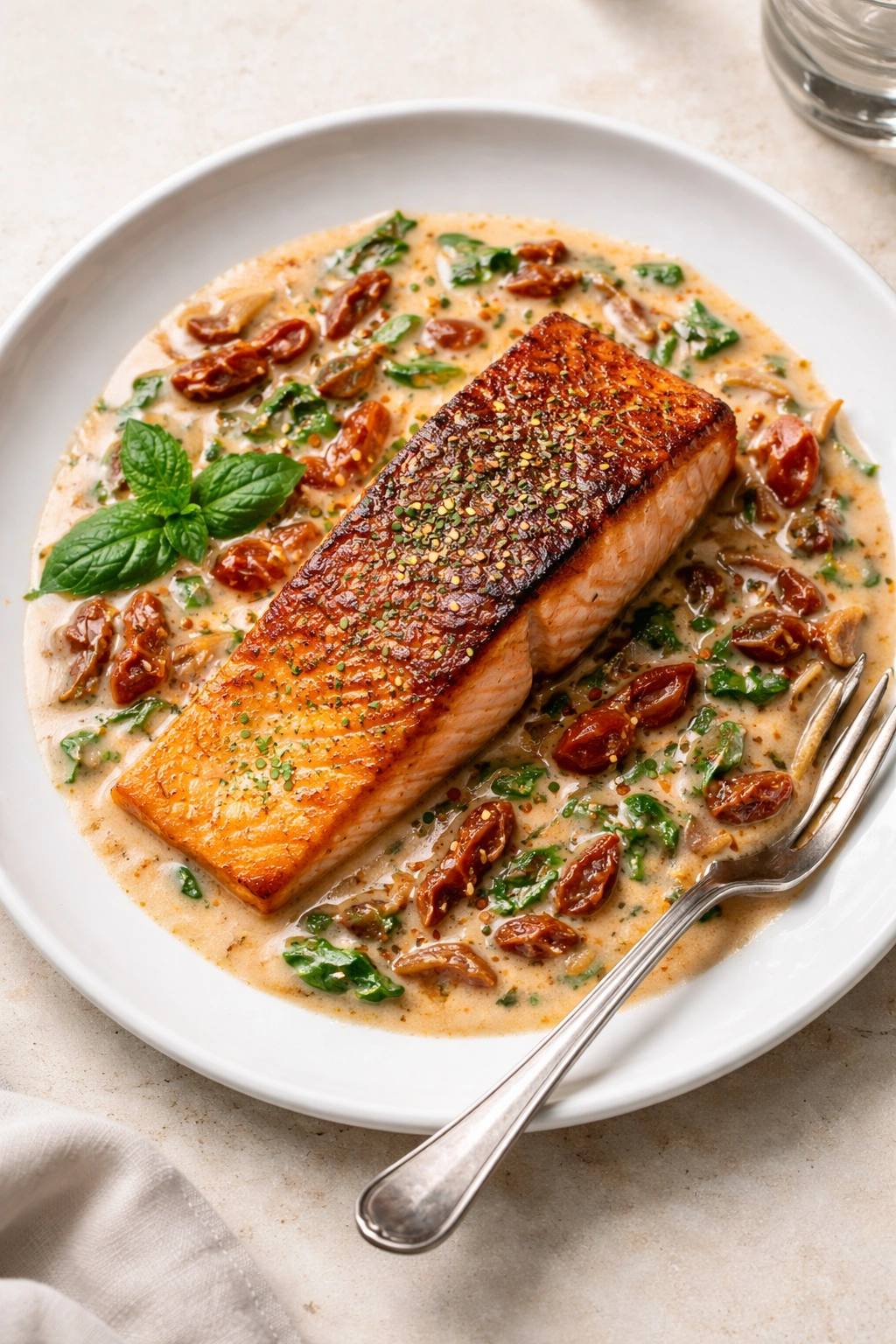 Crispy salmon with sun-dried tomato cream sauce on plate