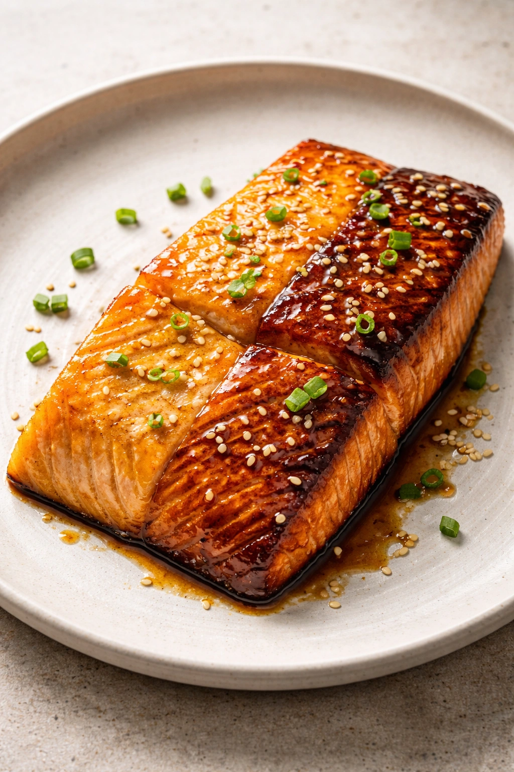 Salmon fillet with two glaze tones on surface