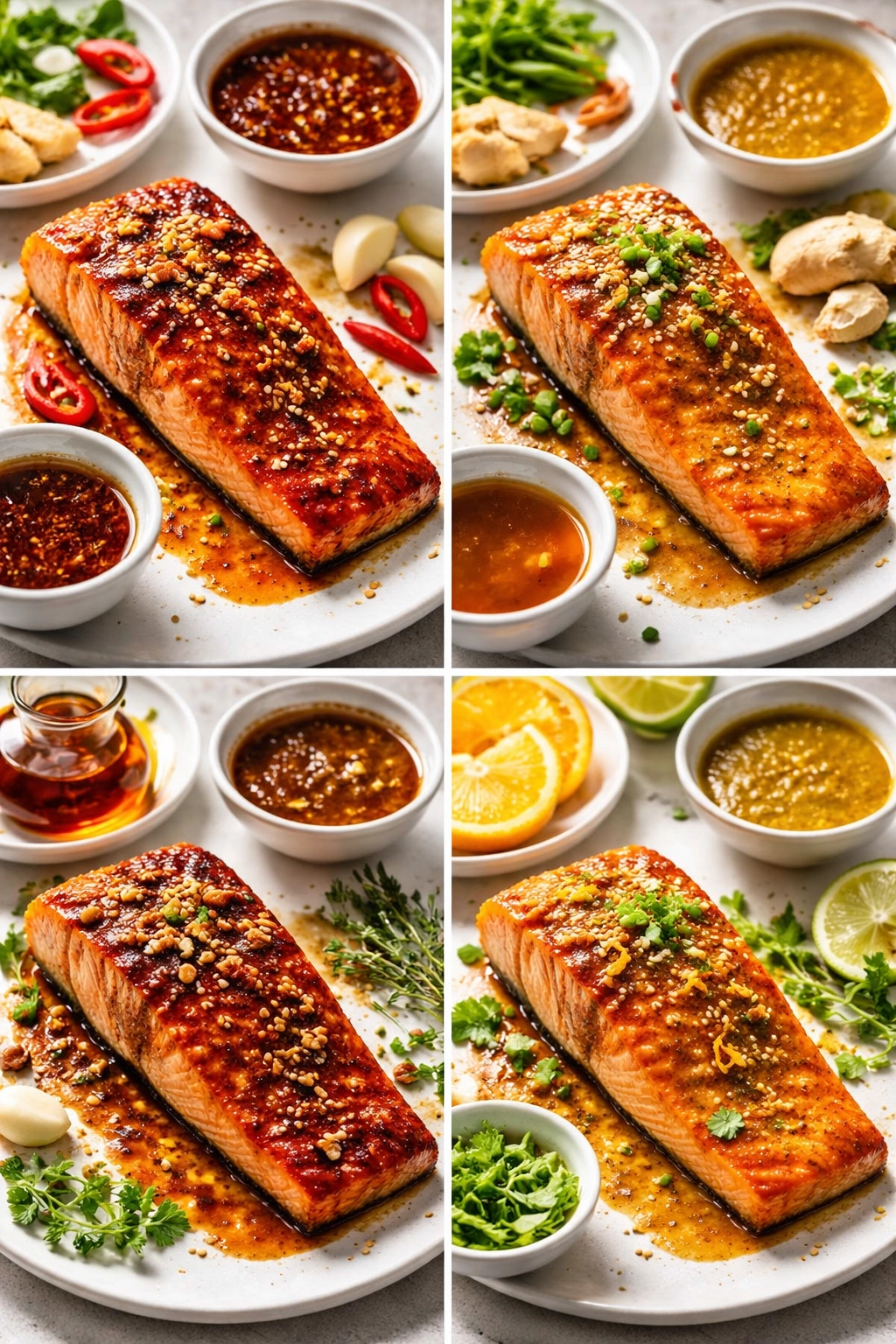 Salmon with four glaze variations illustrated around the fillet for different flavors