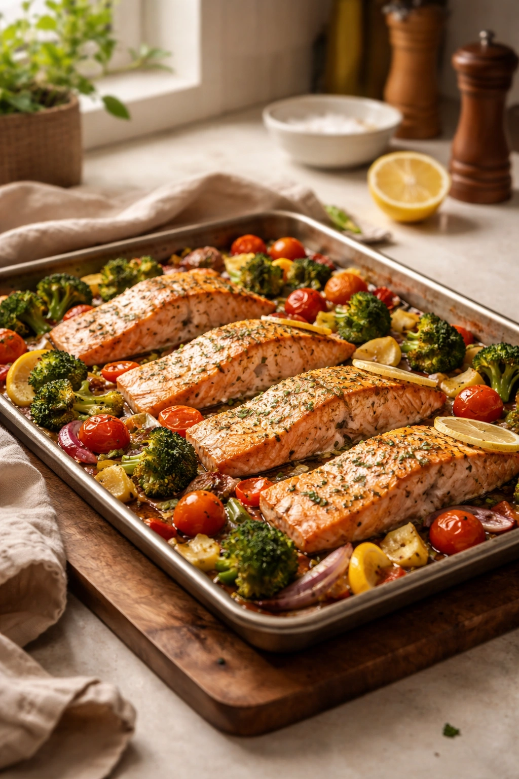 Finished salmon and vegetables on sheet pan ready to serve