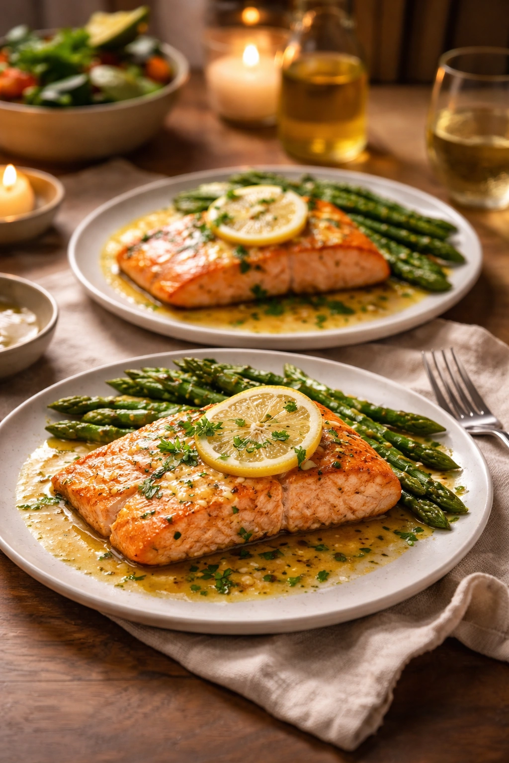 Two plated servings of pan-seared salmon with lemon butter and asparagus