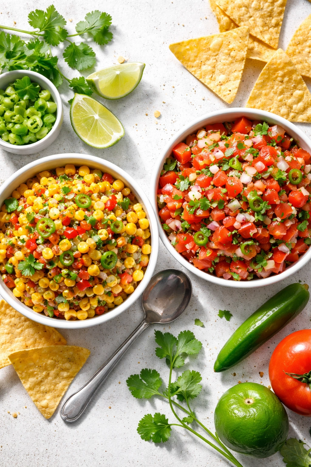 Two bowls of fresh salsas: charred corn salsa and pico de gallo