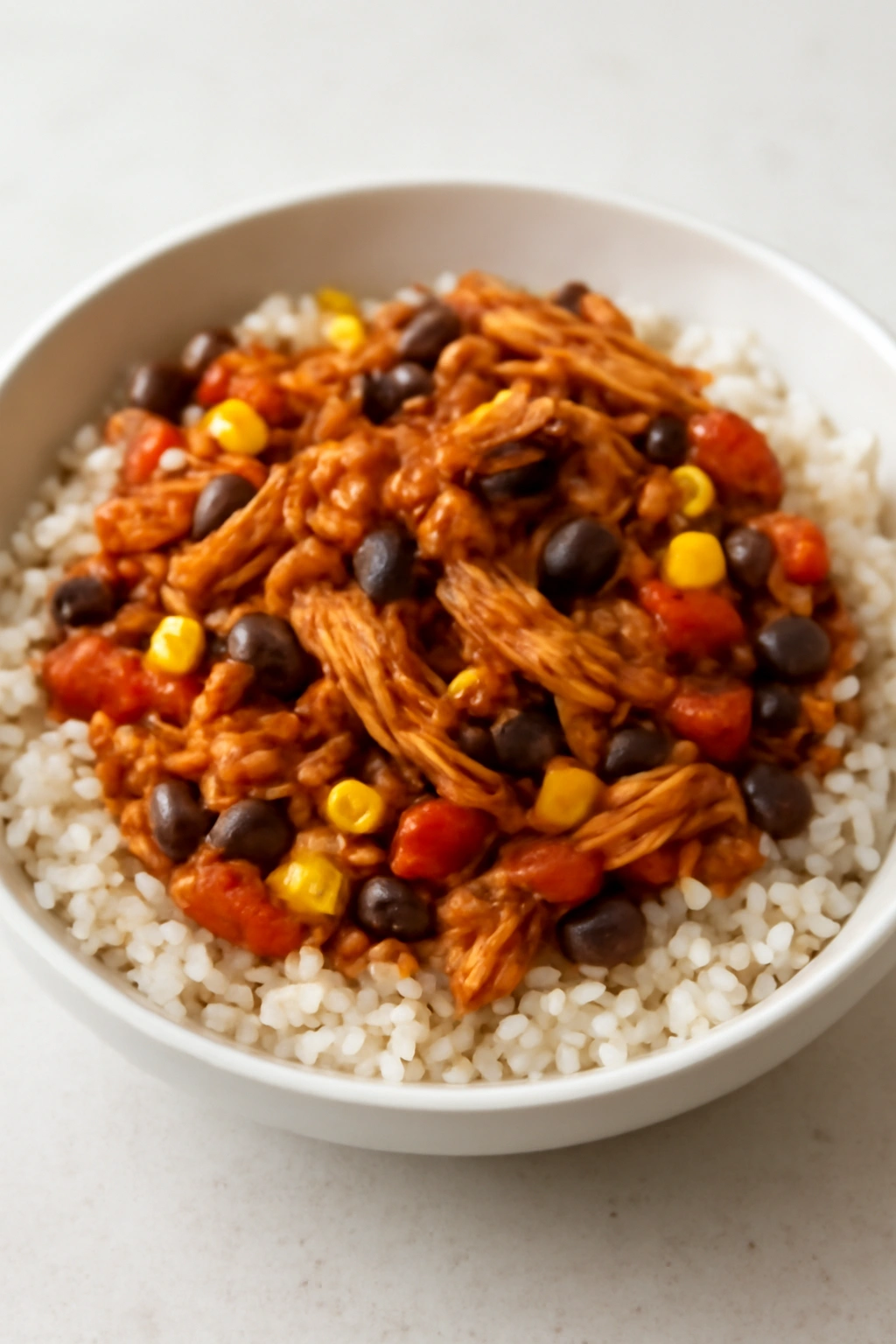 Salsa chicken with black beans and rice in a bowl with corn and peppers