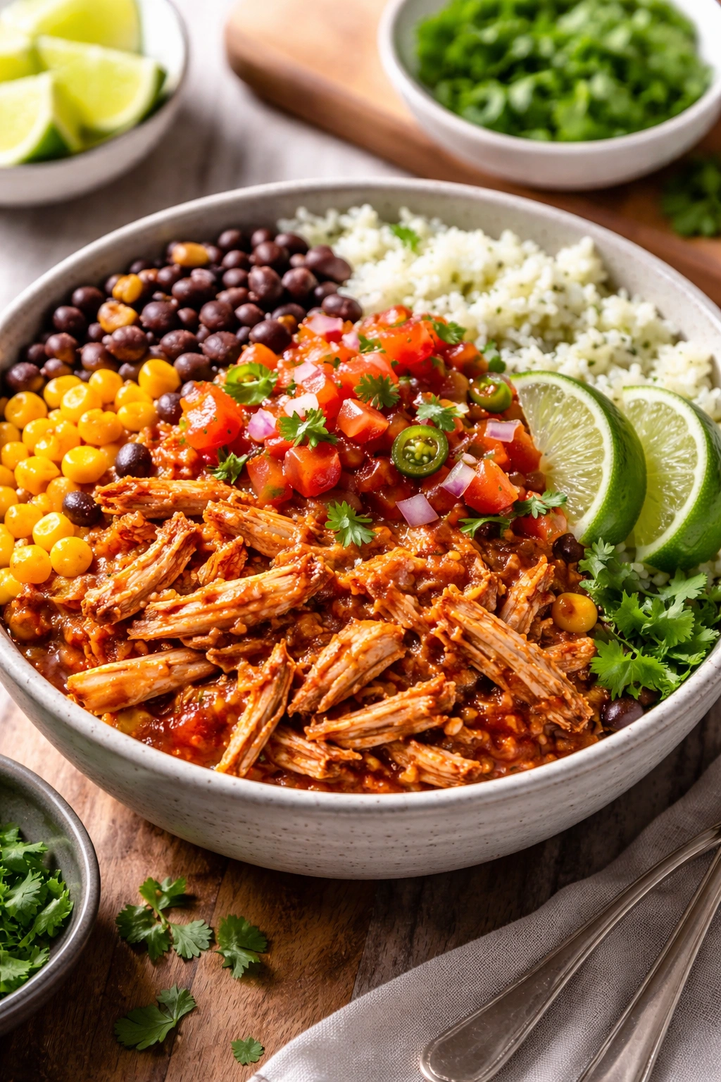 Close-up of a bowl with shredded salsa chicken, black beans, corn, and rice for Salsa Chicken Burrito Bowls.