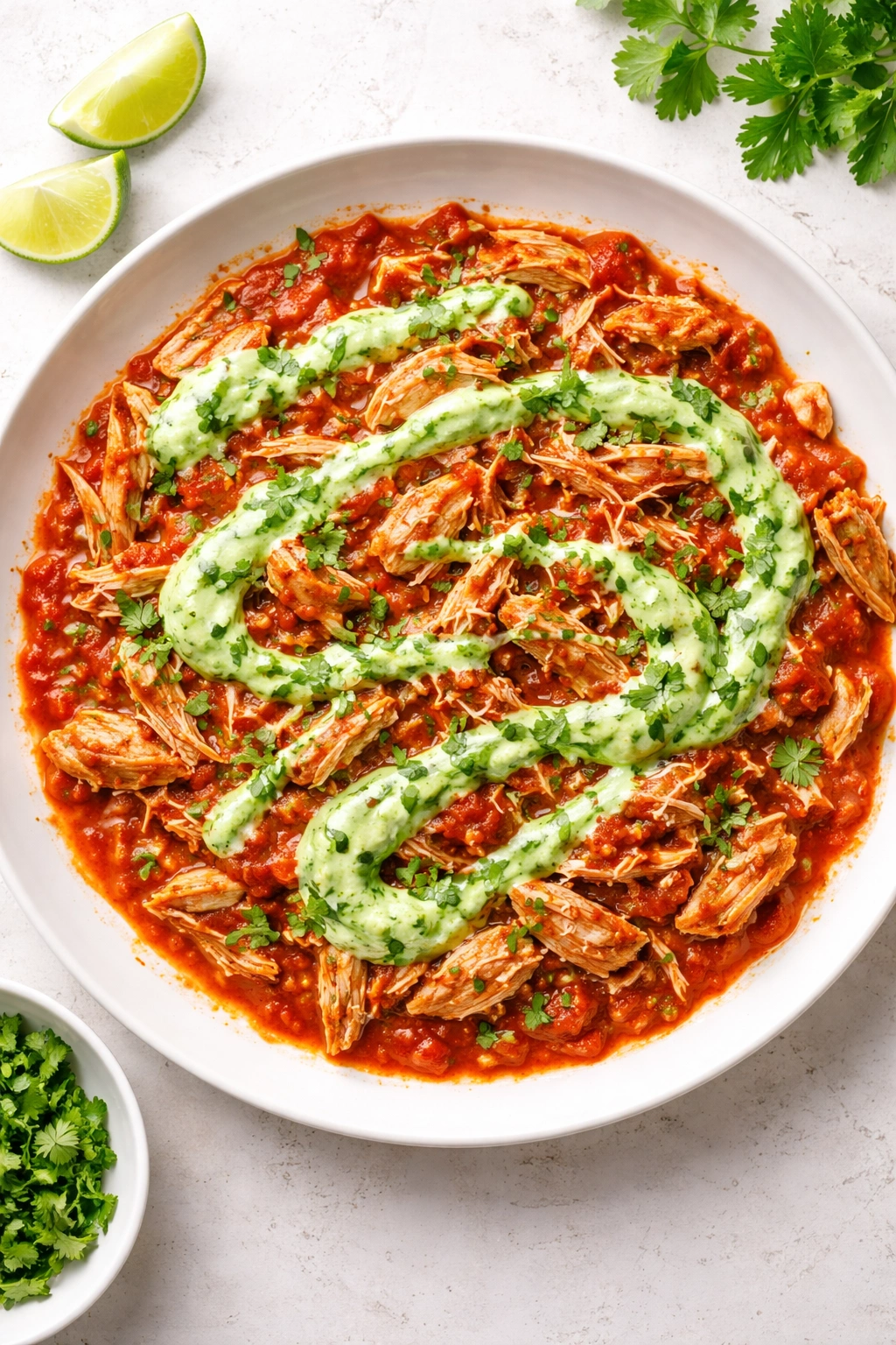 Shredded chicken with salsa and cilantro-lime crema on a plate