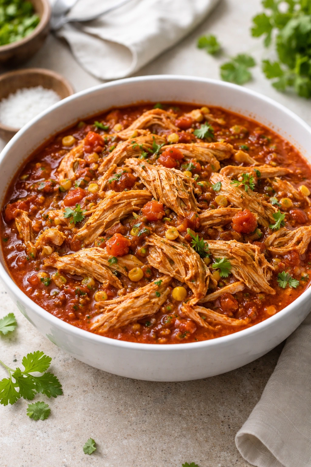 Shredded salsa chicken in red sauce in a bowl