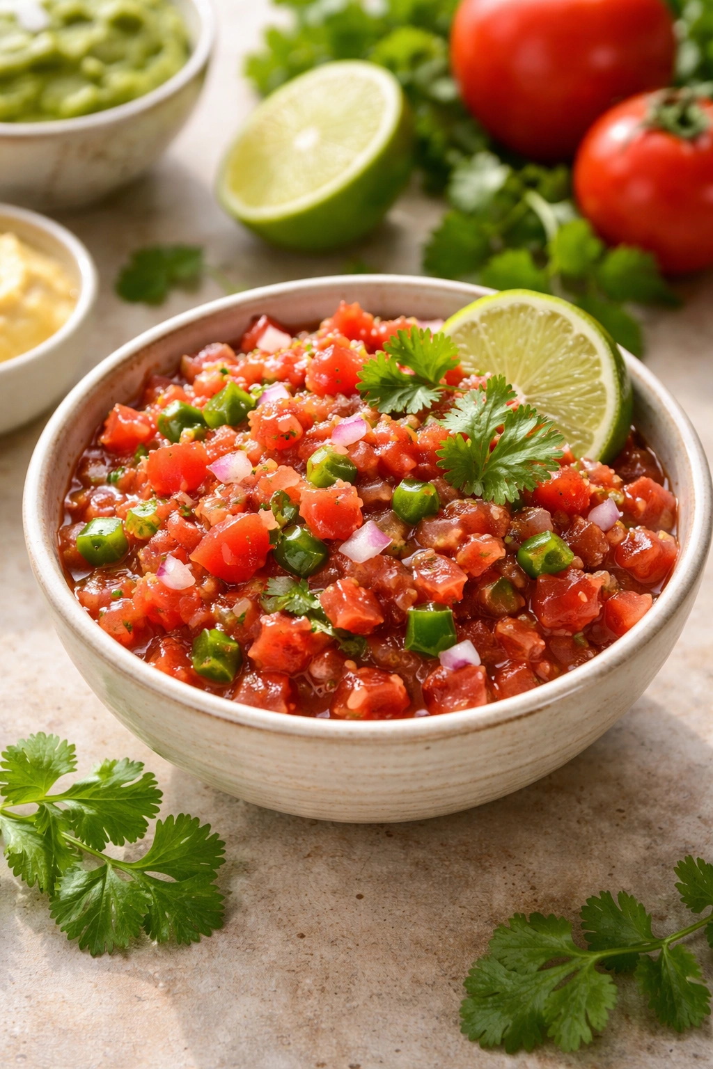 Bright salsa dip in a white bowl ready to pair with tortilla chips