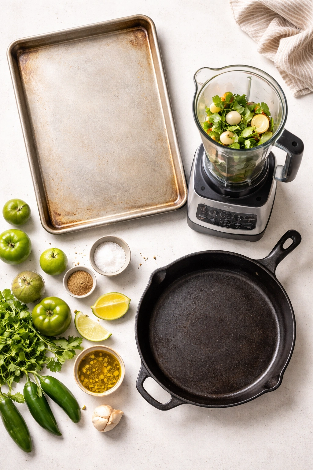 Overhead view of salsa tools on a counter