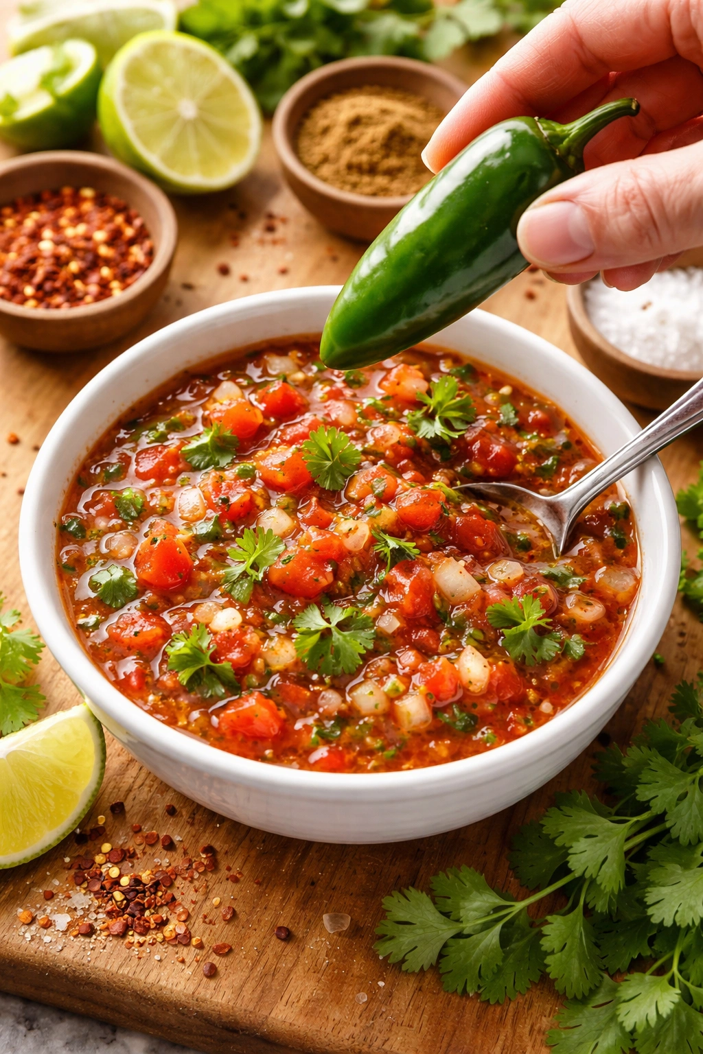 Close-up of jalapeño and lime beside a bowl of salsa to illustrate heat and flavor adjustment