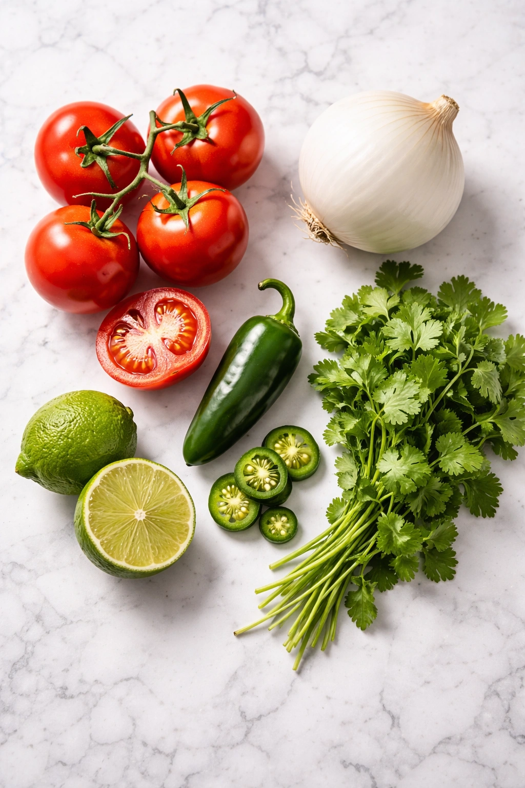 Five essential salsa ingredients arranged on a light surface: tomatoes, onion, jalapeño, cilantro, lime.