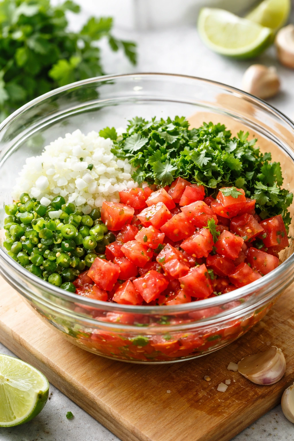 Bowl of chopped salsa ingredients being mixed with lime juice