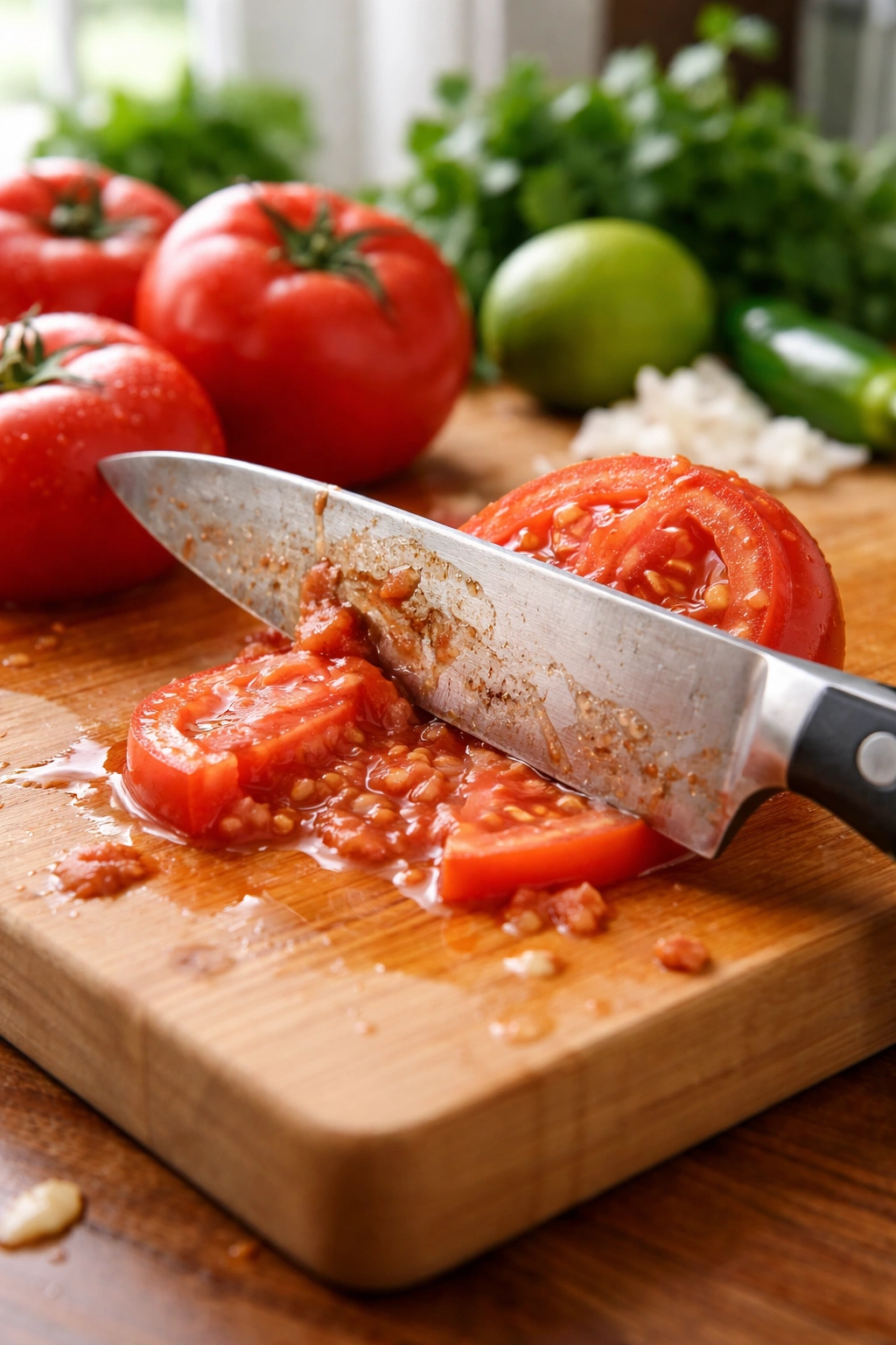 Dull knife and tomato illustrating common salsa prep mistakes