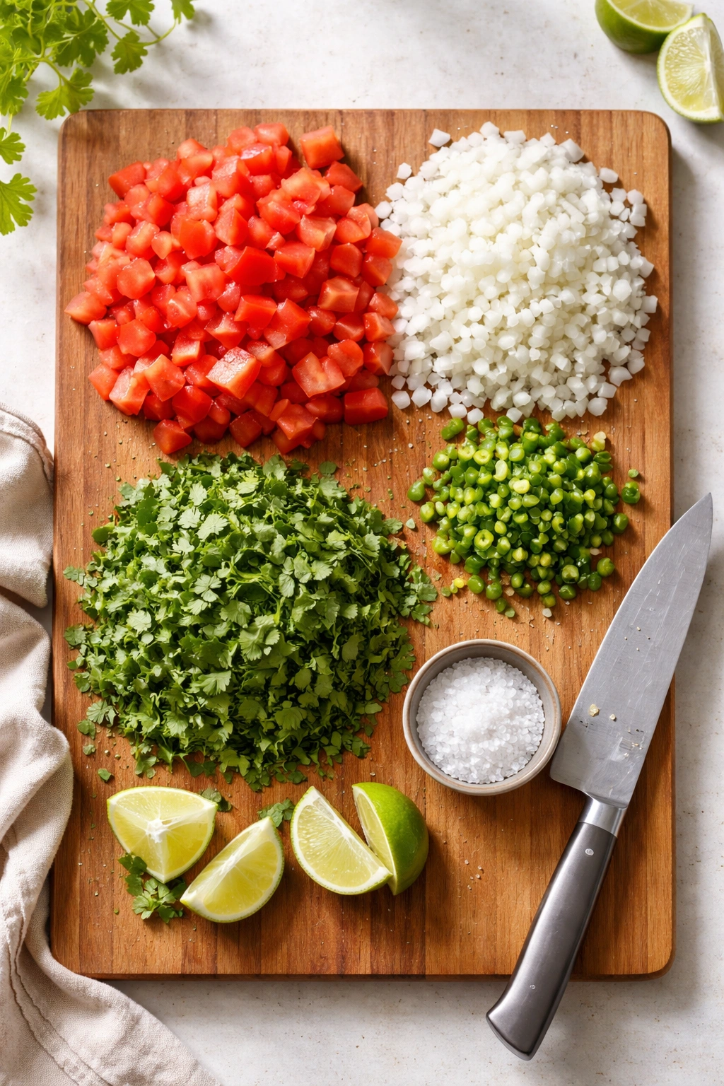 Top-down view of chopped salsa ingredients on a cutting board