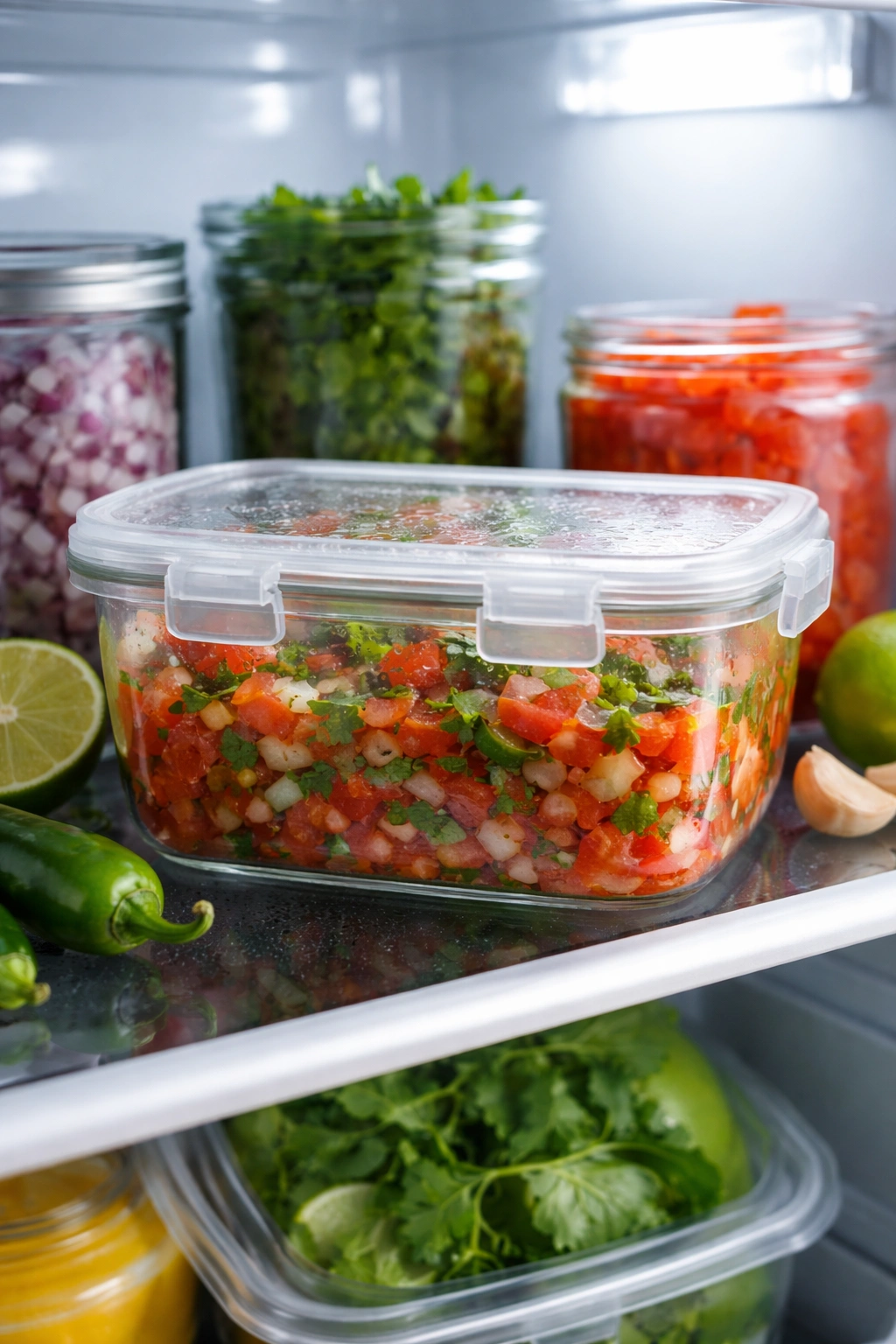 Airtight salsa container in the fridge