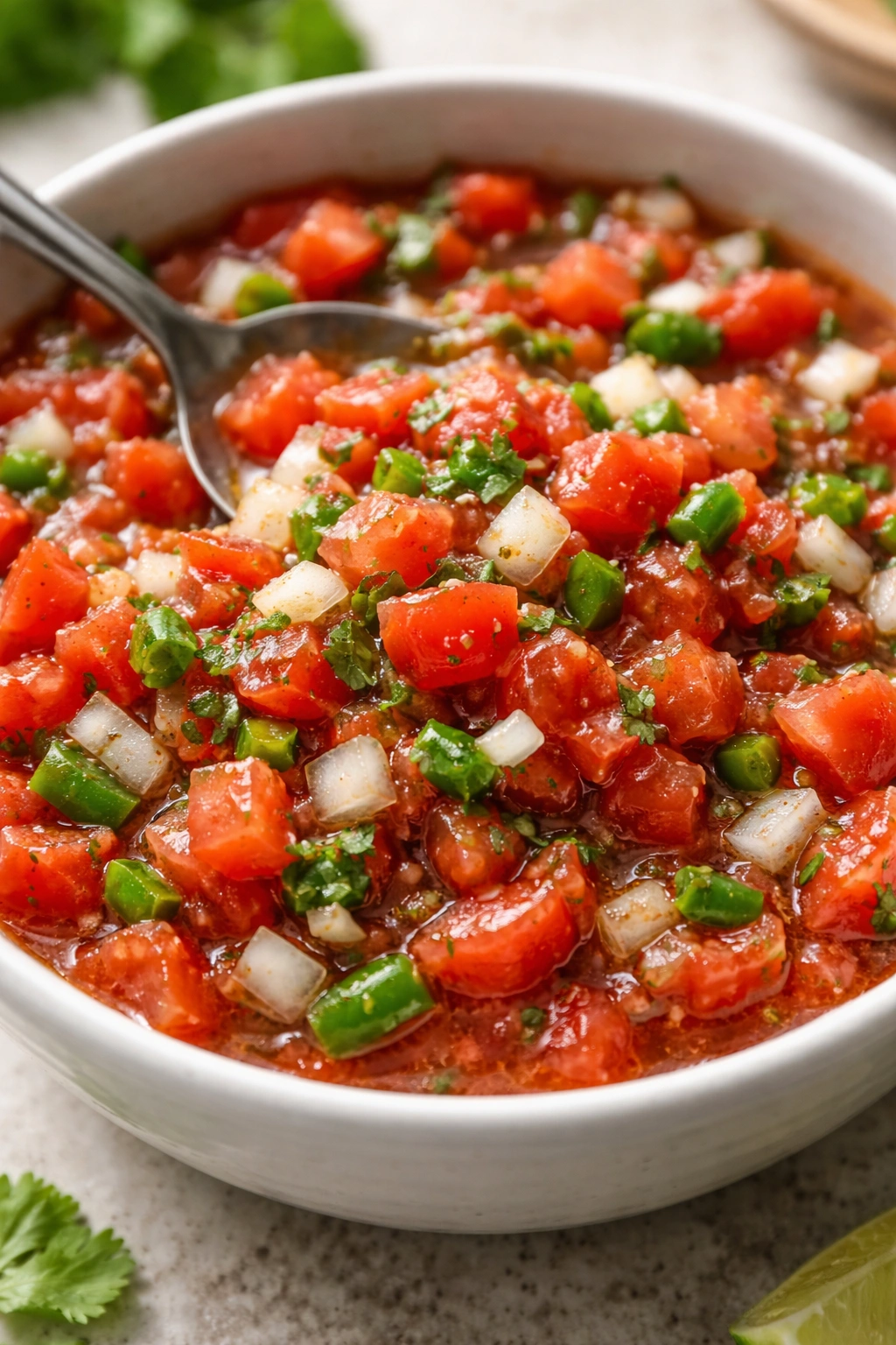 Macro close-up of chunky salsa texture with tomato and onion pieces