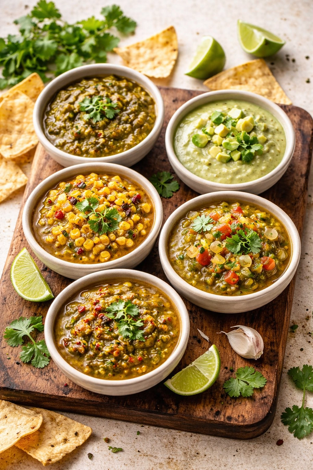 Five salsa variations in small bowls displaying color and texture differences