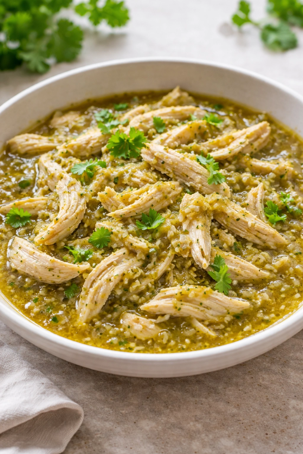 Shredded chicken in bright green salsa verde in a white bowl