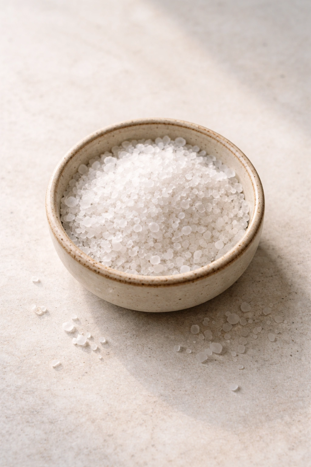 Coarse sea salt crystals in a small dish