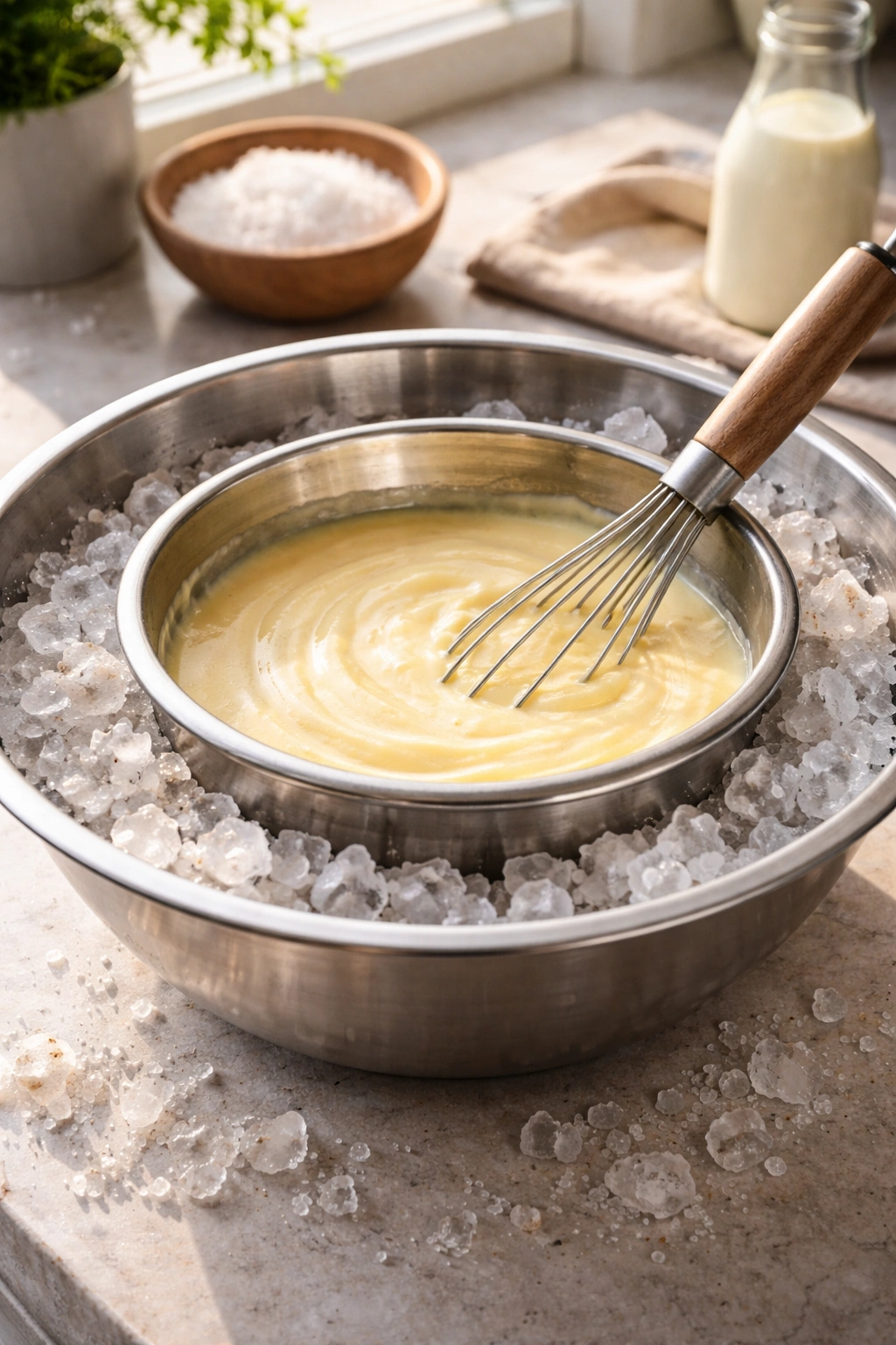 Ice cream custard freezing in salt-ice bath