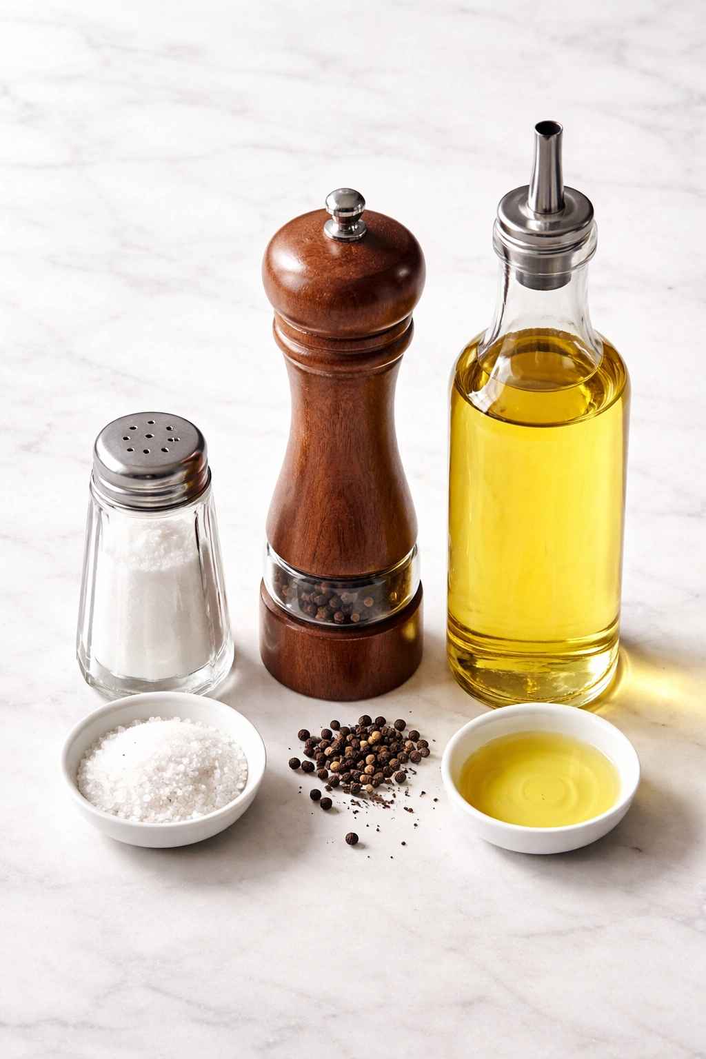 Salt shaker, pepper mill, and bottle of neutral cooking oil on a clean surface