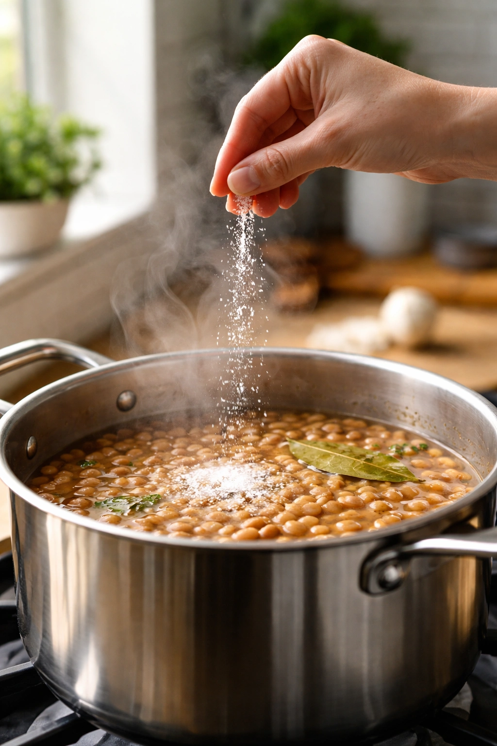 Hand sprinkling salt over simmering beans in a pot