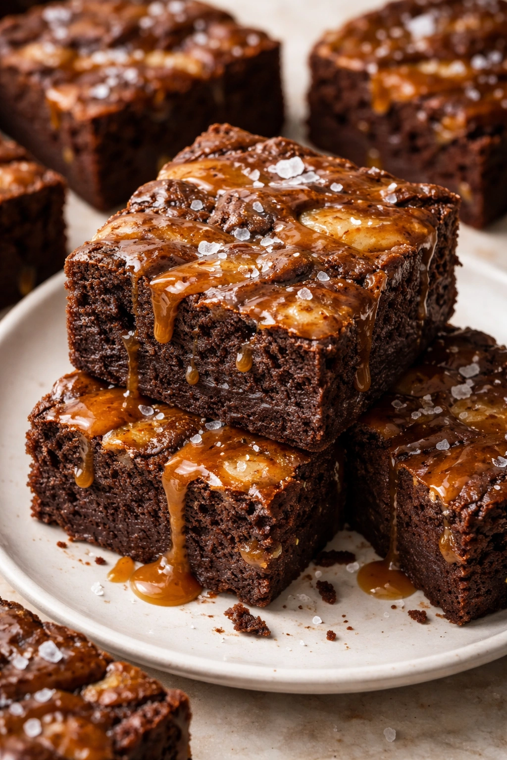 Close-up of fudgy brownie with caramel swirl and sea salt