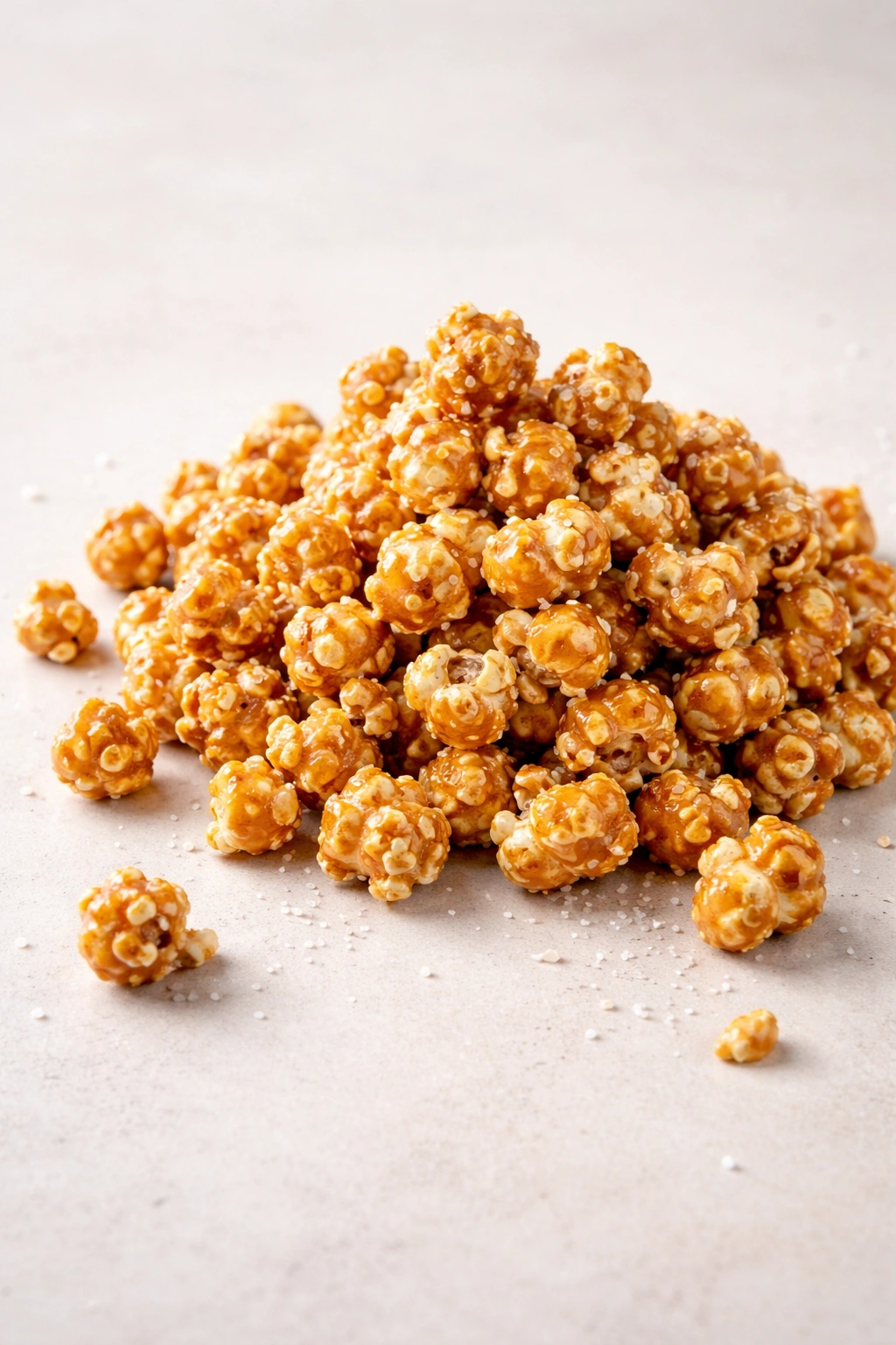 Caramel popcorn mound on a neutral surface