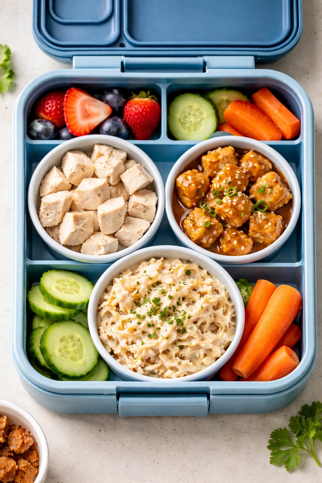 Lunchbox showing three containers with the same protein in different preparations